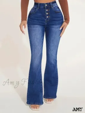 Amy Fashion - Stretch Slim Flare Button Fly High Waist Full Length Vintage Jean