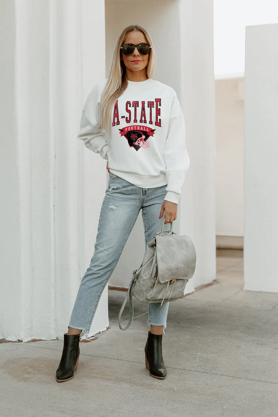 ARKANSAS STATE RED WOLVES SLOW MOTION PREMIUM FLEECE DROP SHOULDER CREWNECK PULLOVER