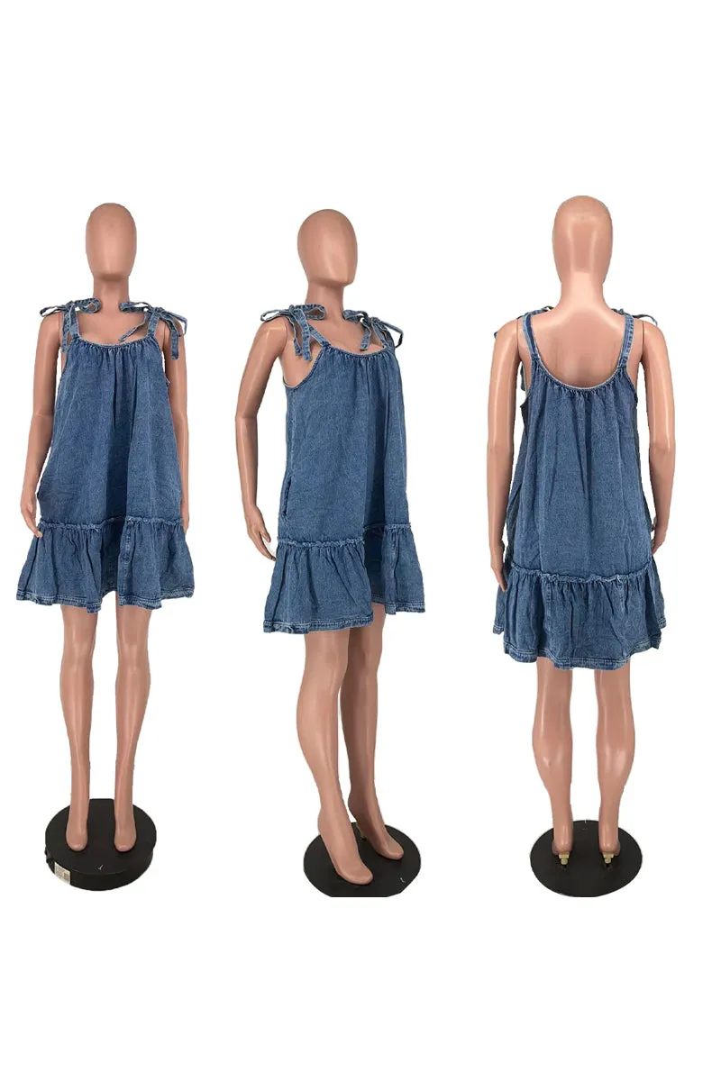 BD1078 Solid Strap Puffle Denim Mini Dress