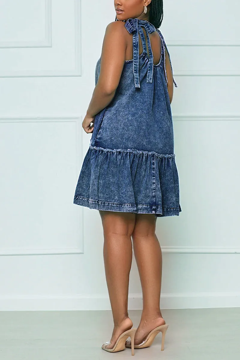 BD1078 Solid Strap Puffle Denim Mini Dress