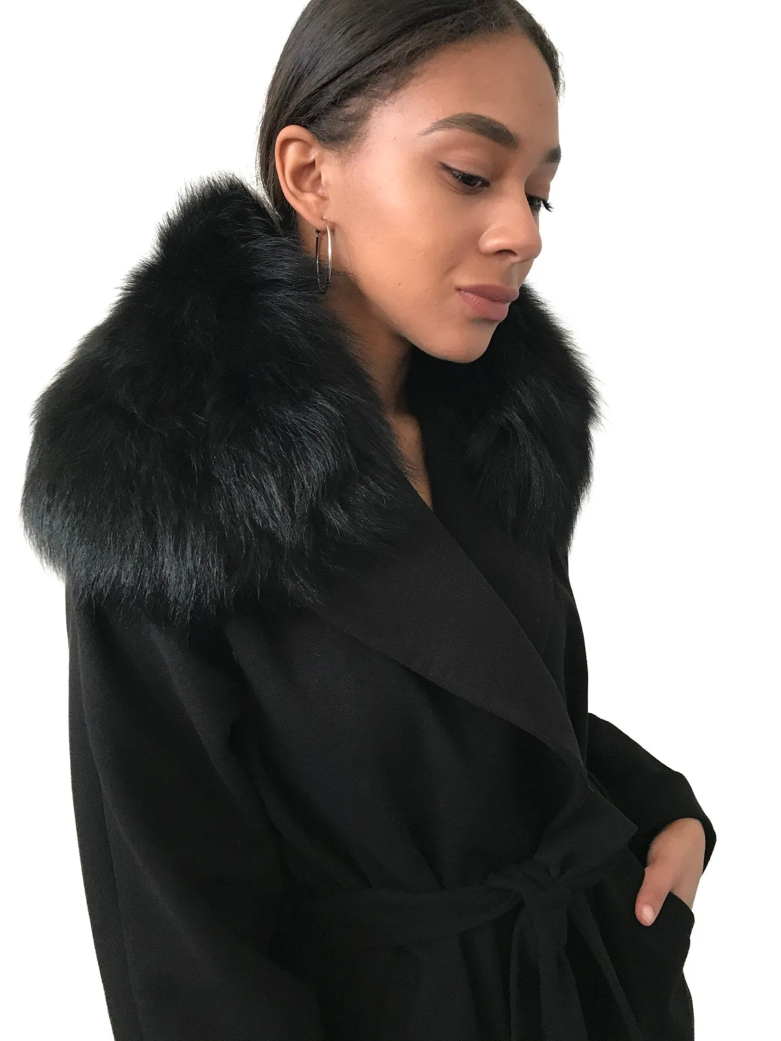 Black Wrap Elegant Women coat, Short Belted Feminine Overcoat Trim Fox Fur, Woolen blend Coat Wrap