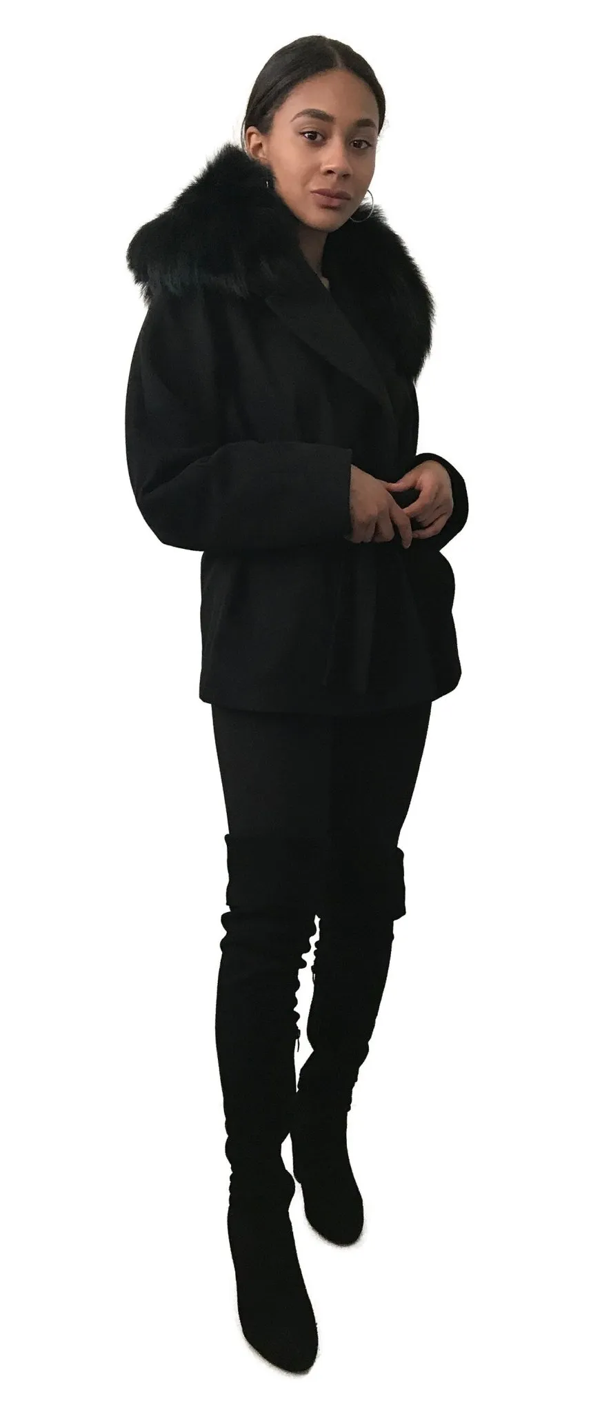 Black Wrap Elegant Women coat, Short Belted Feminine Overcoat Trim Fox Fur, Woolen blend Coat Wrap