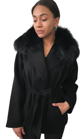 Black Wrap Elegant Women coat, Short Belted Feminine Overcoat Trim Fox Fur, Woolen blend Coat Wrap
