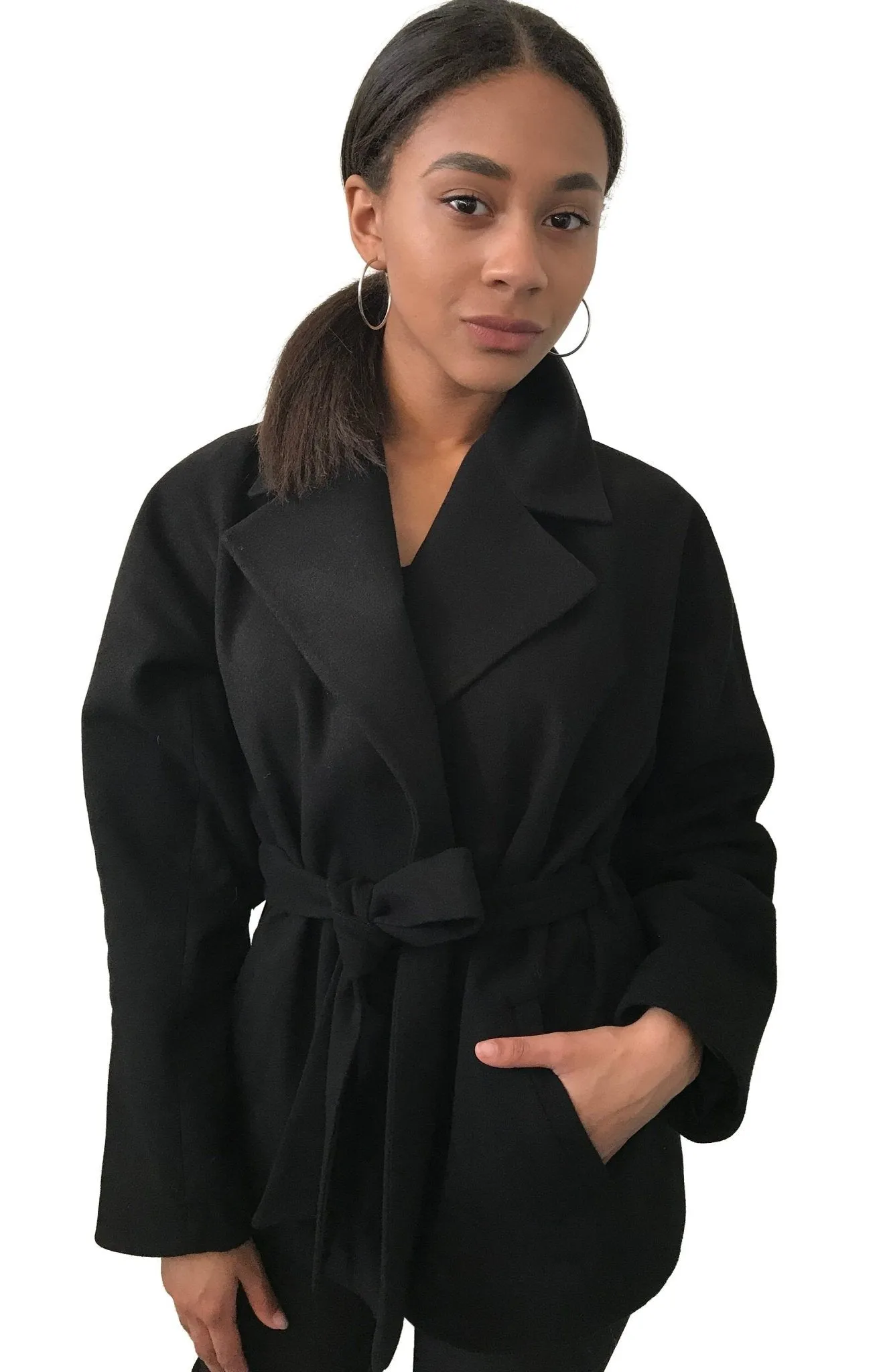 Black Wrap Elegant Women coat, Short Belted Feminine Overcoat Trim Fox Fur, Woolen blend Coat Wrap