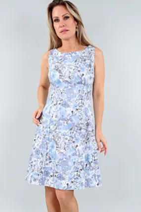 Blue Grey Floral Sleeveless Flared Dress