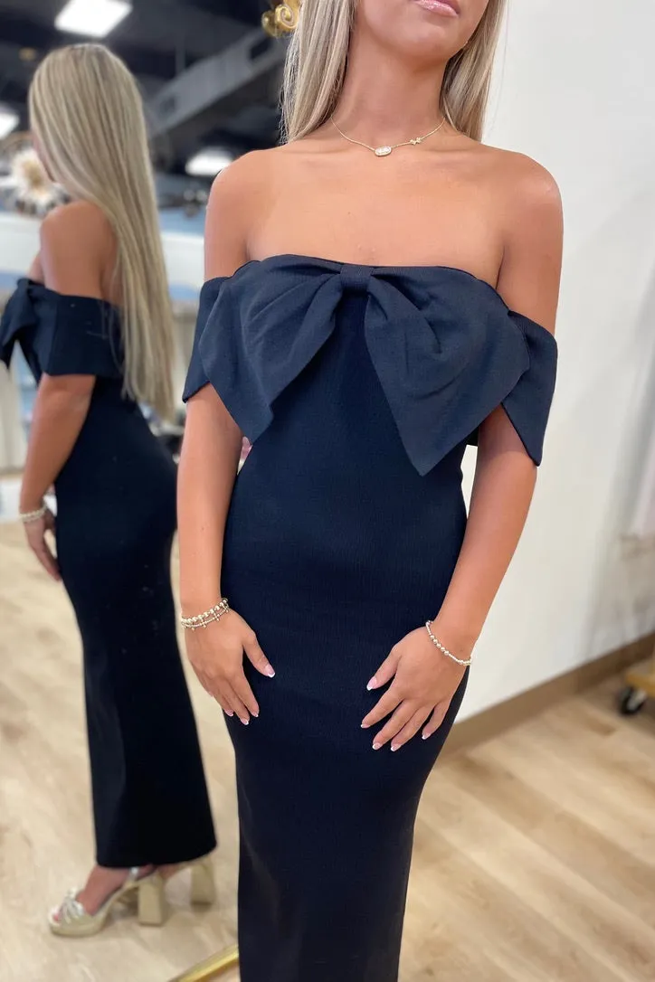 Bow Detail Off Shoulder Knit Dress Black