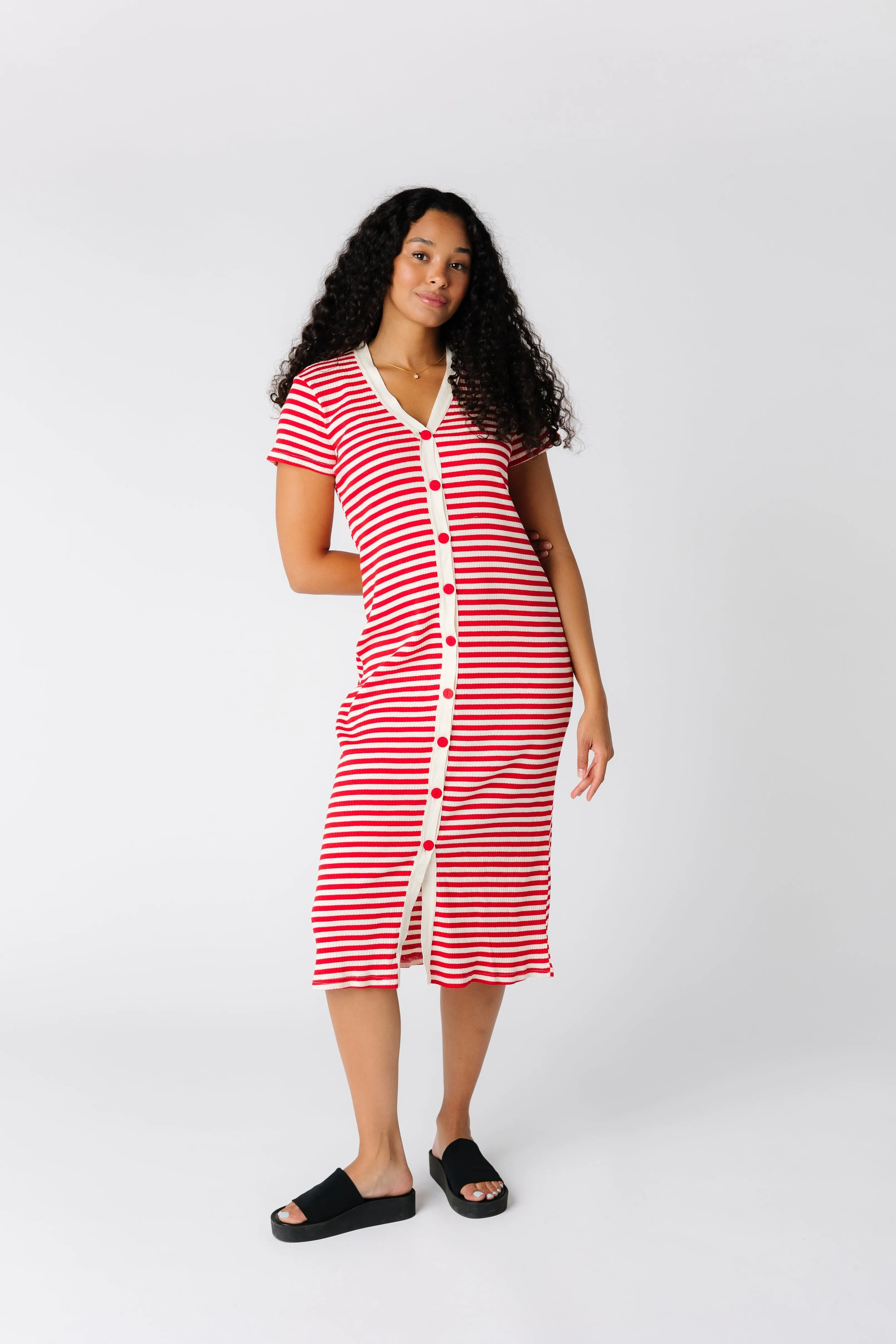 Brass & Roe Textured Button Down-Extended Buttons Dress