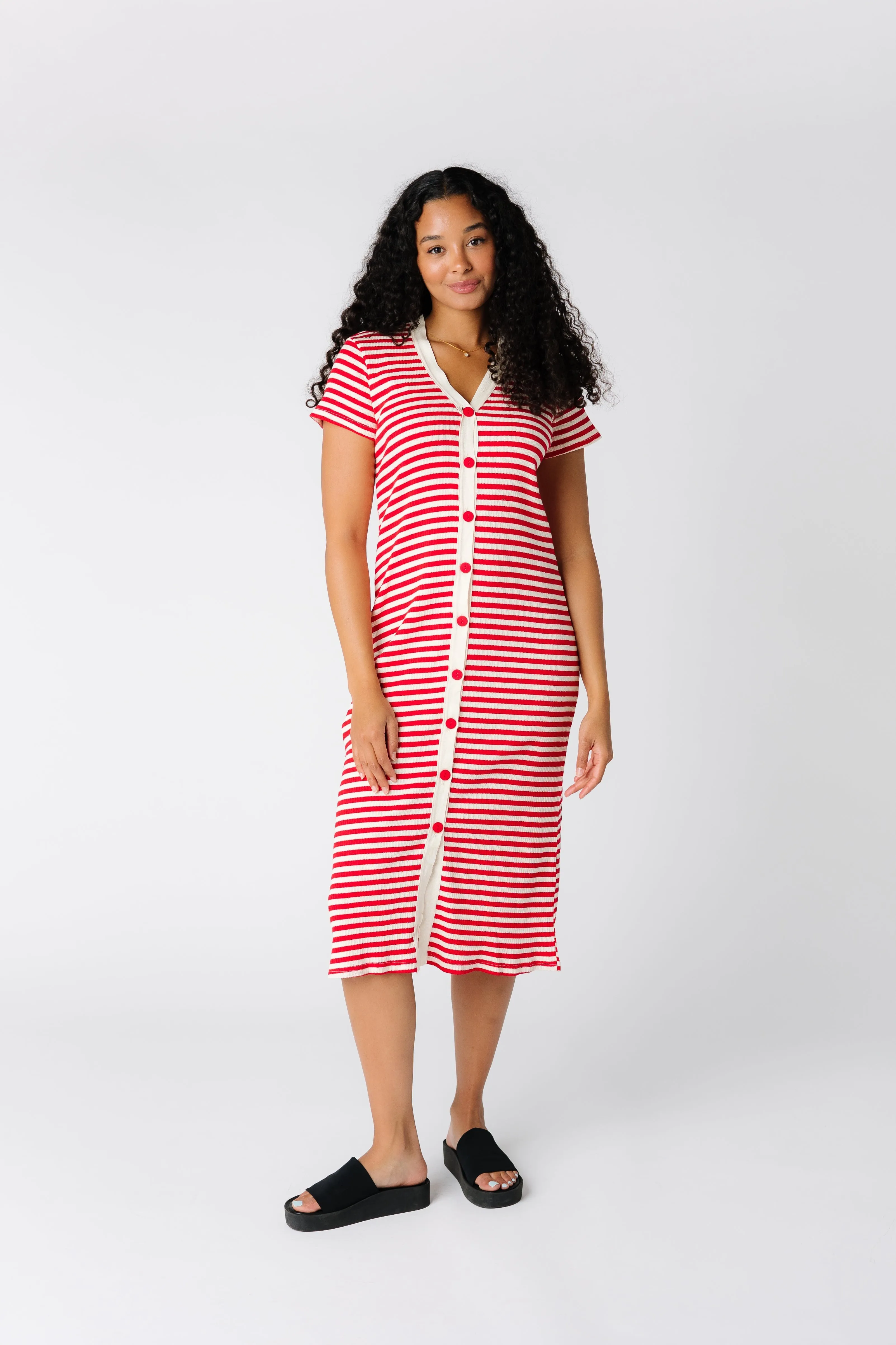 Brass & Roe Textured Button Down-Extended Buttons Dress