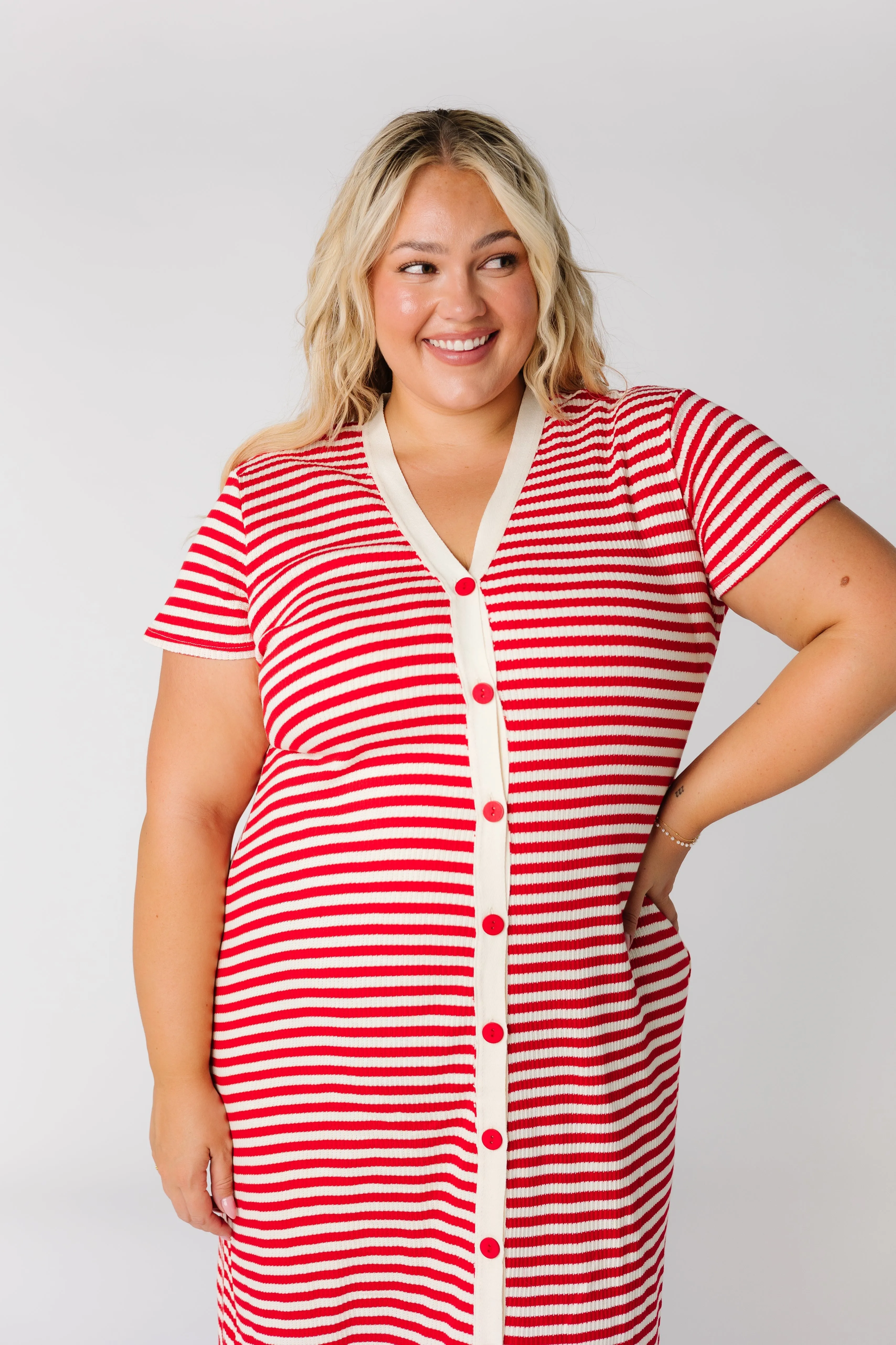 Brass & Roe Textured Button Down-Extended Buttons Dress
