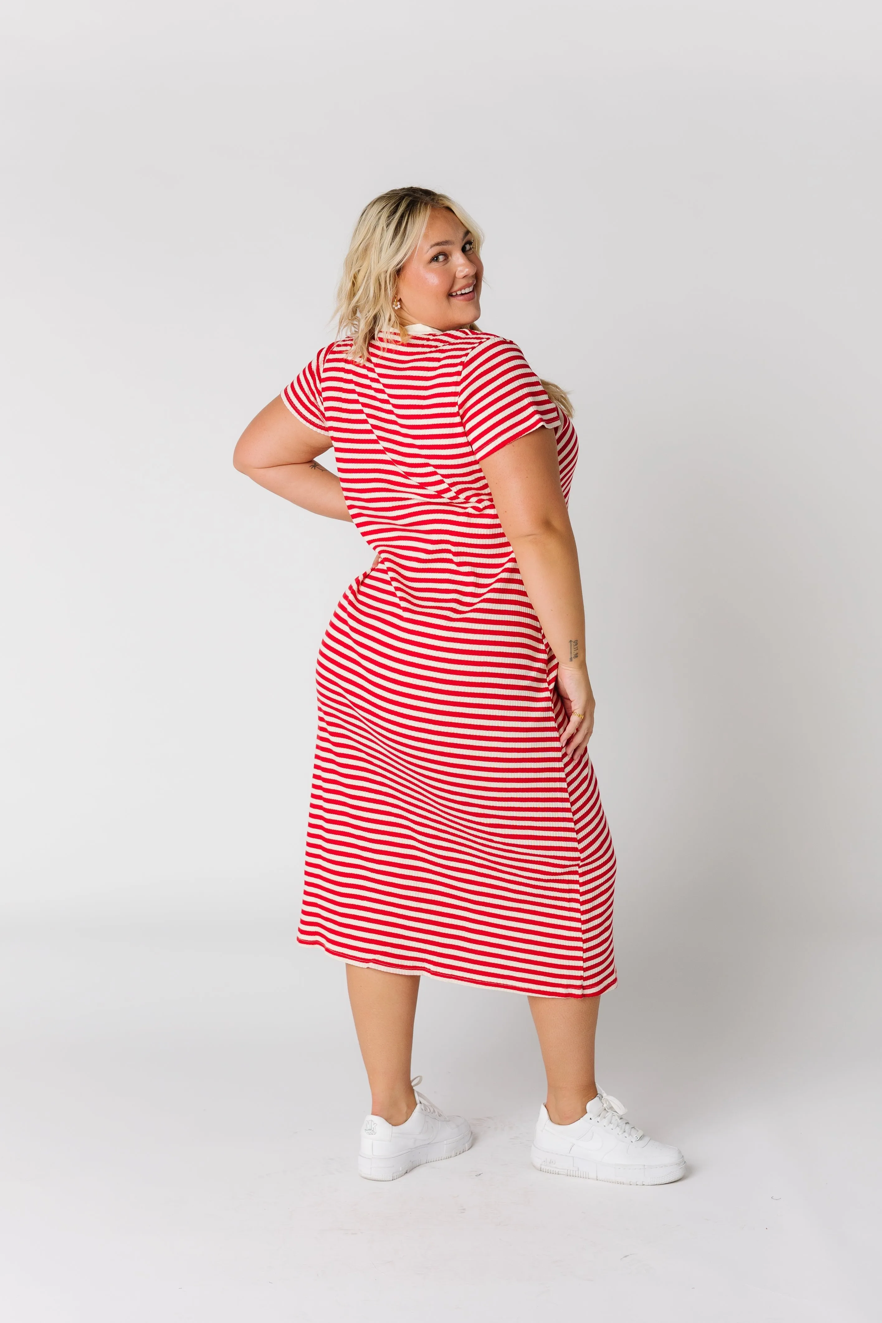 Brass & Roe Textured Button Down-Extended Buttons Dress