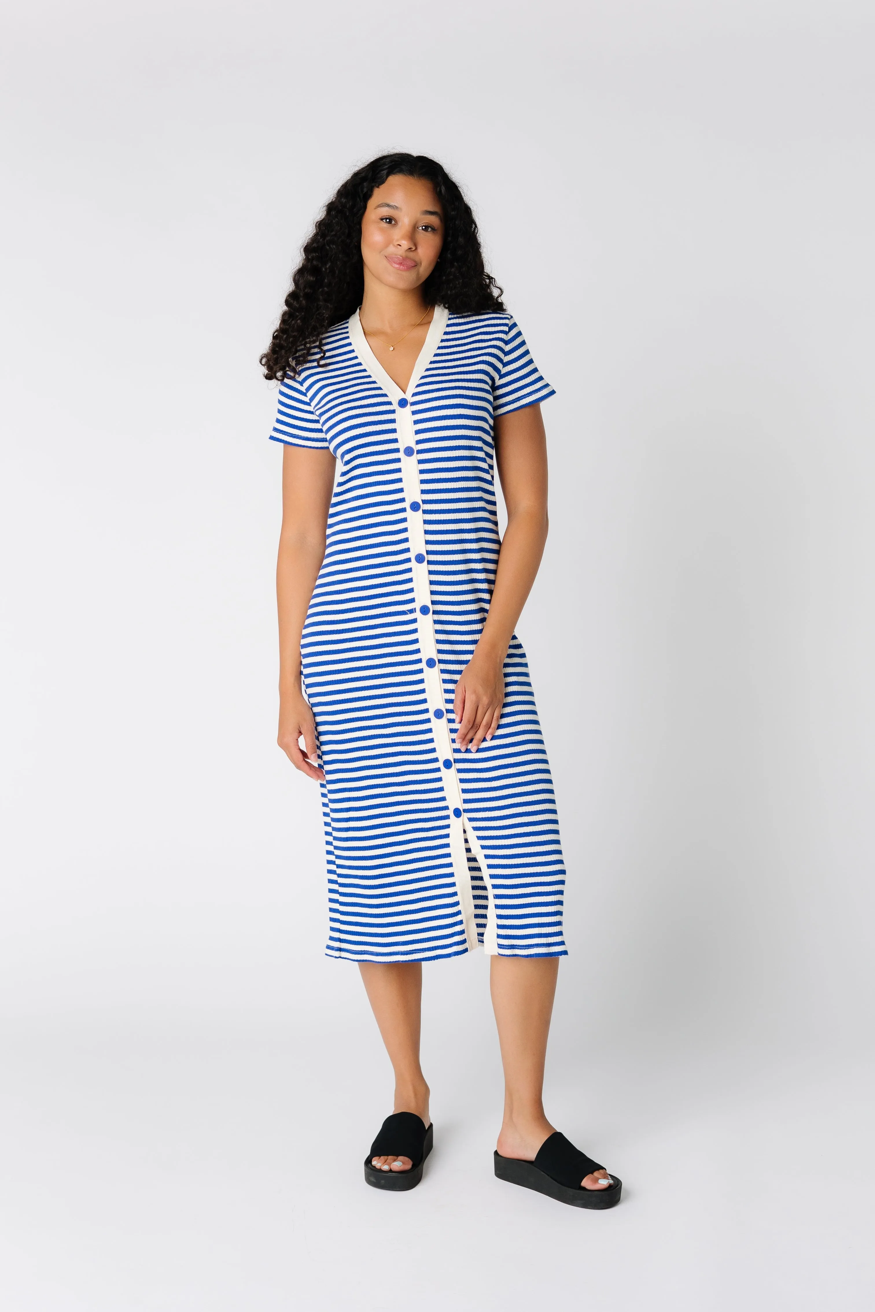 Brass & Roe Textured Button Down-Extended Buttons Dress