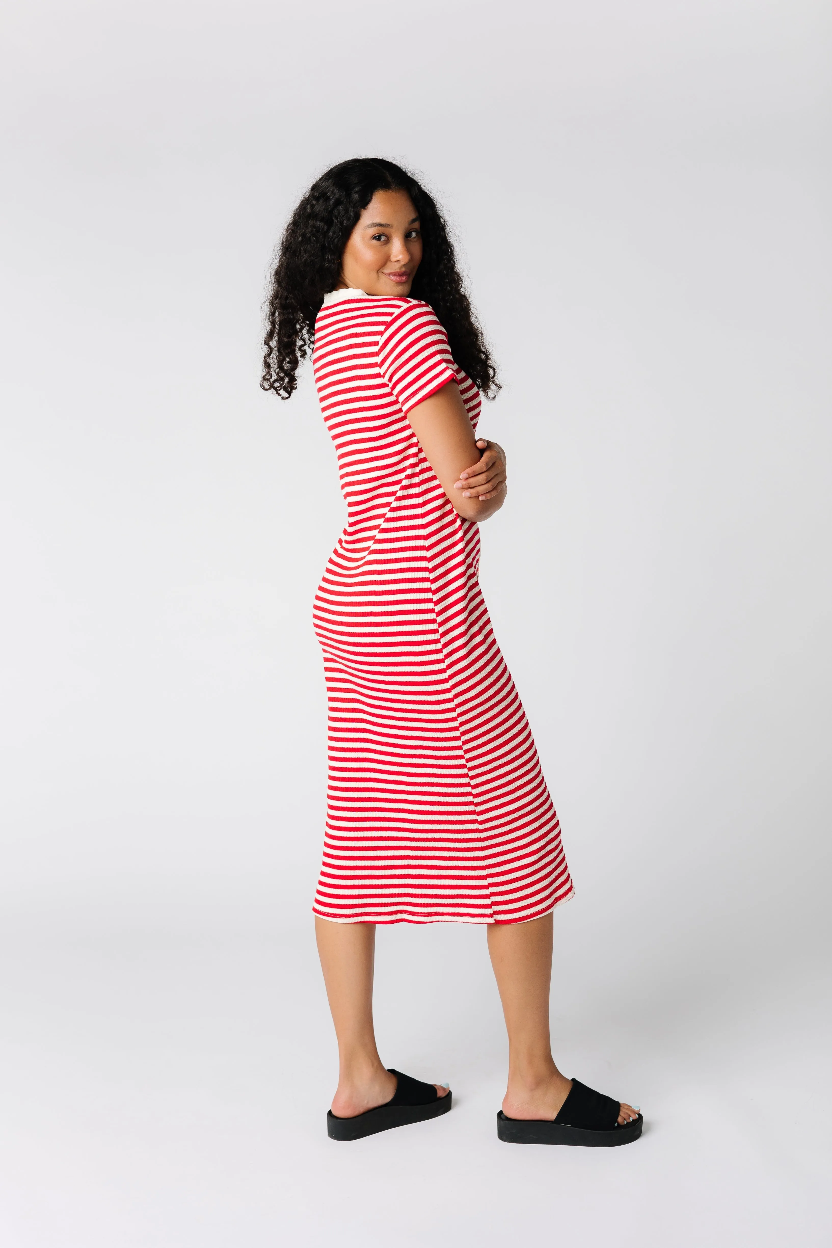 Brass & Roe Textured Button Down-Extended Buttons Dress
