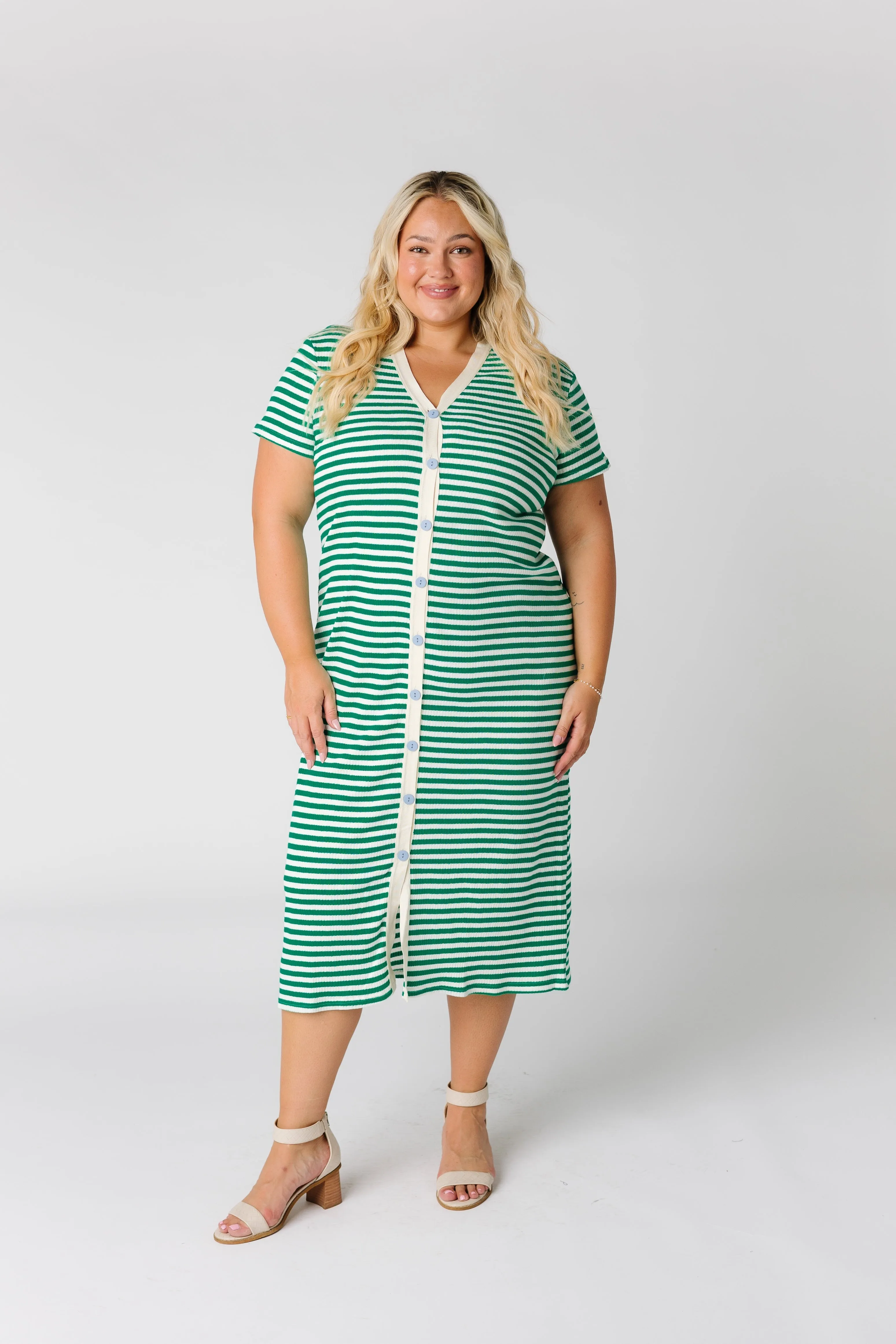 Brass & Roe Textured Button Down-Extended Buttons Dress