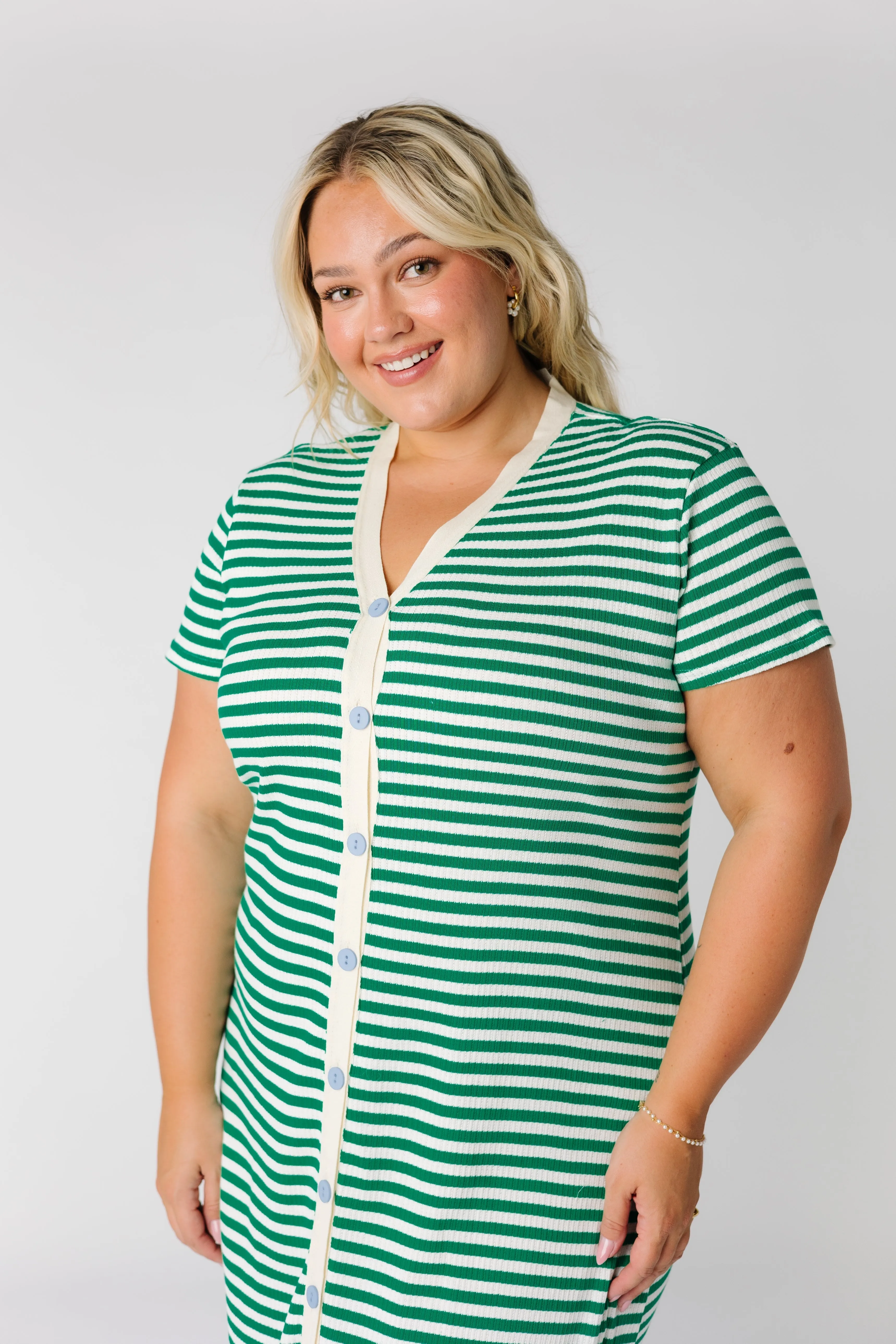 Brass & Roe Textured Button Down-Extended Buttons Dress