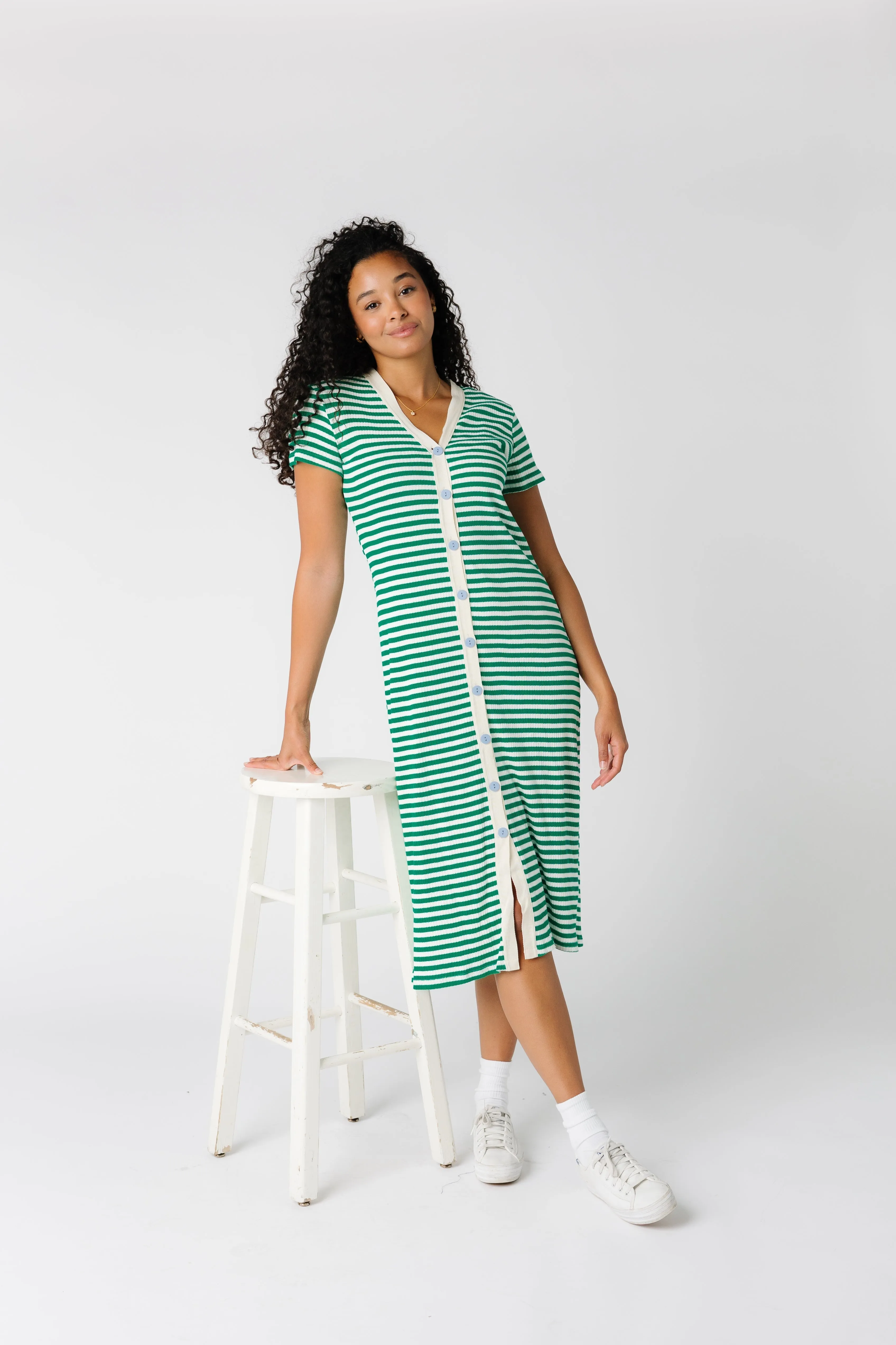 Brass & Roe Textured Button Down-Extended Buttons Dress