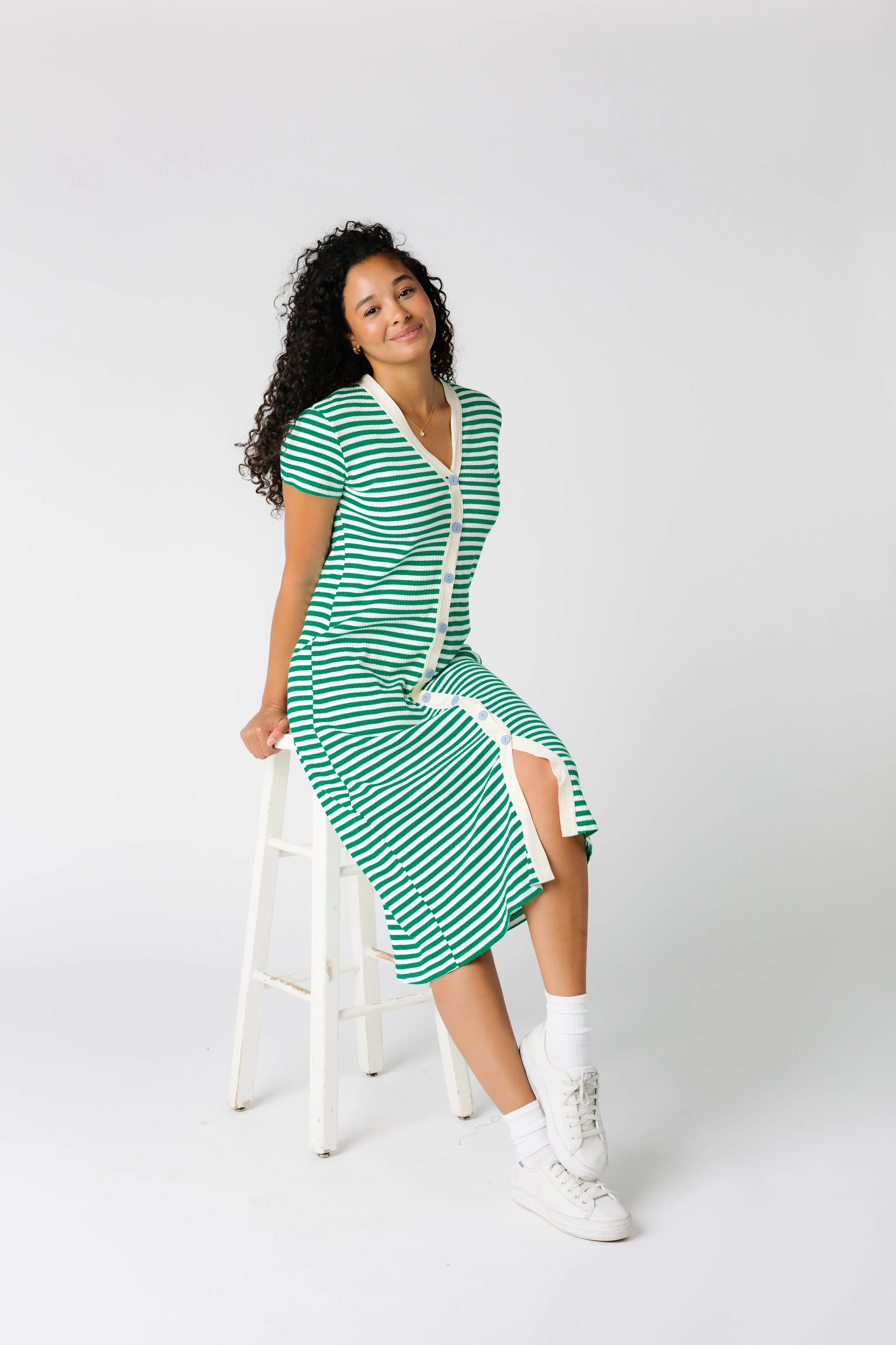 Brass & Roe Textured Button Down-Extended Buttons Dress