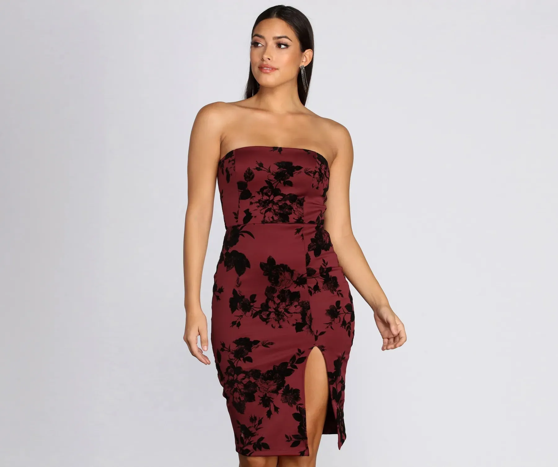 Budding Romance Flocked Tube Midi Dress