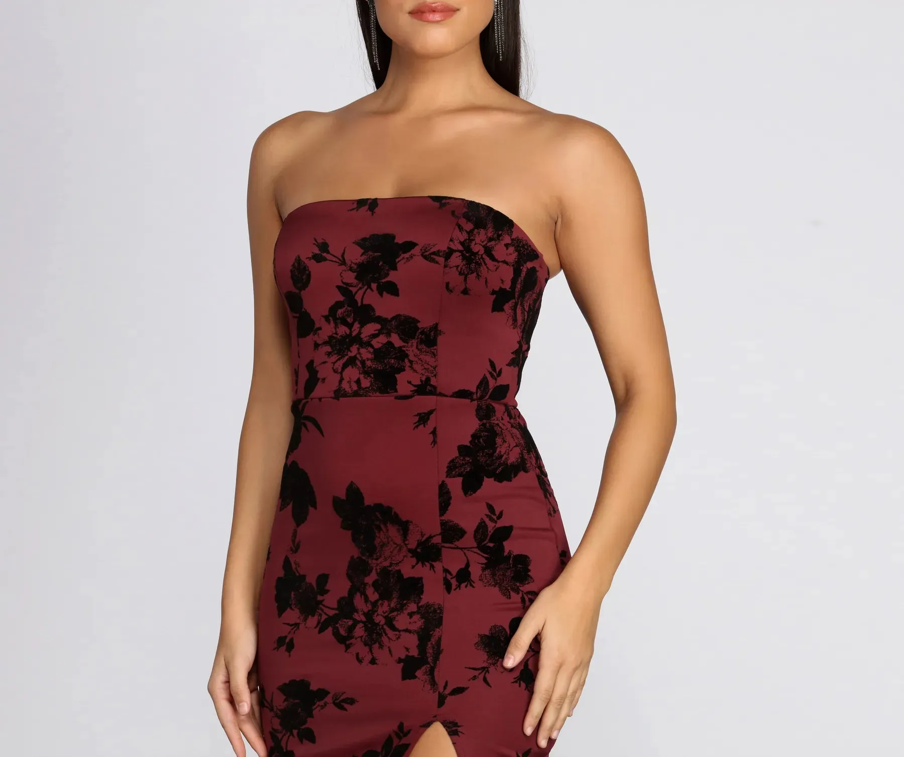 Budding Romance Flocked Tube Midi Dress