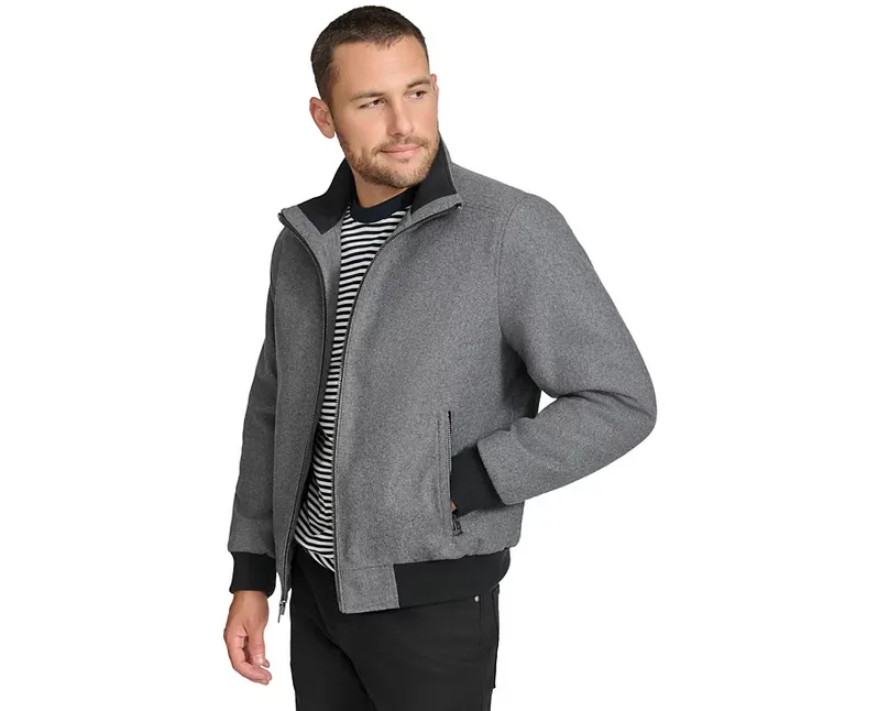 Calvin Klein Men's Wool Bomber Jacket With Knit Trim Charcoal Grey Medium