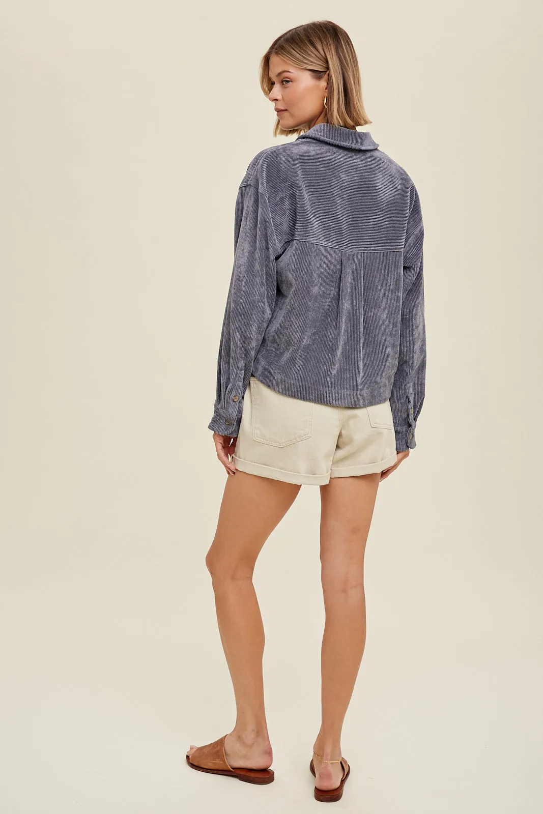 Chandler Crop Corduroy Button Down - Charcoal