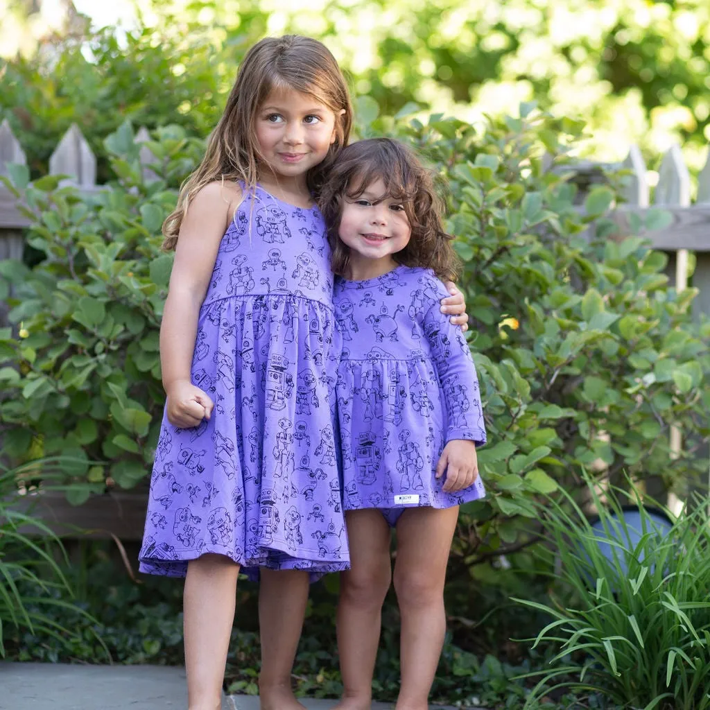 Cross Back Twirly Dress in Robots