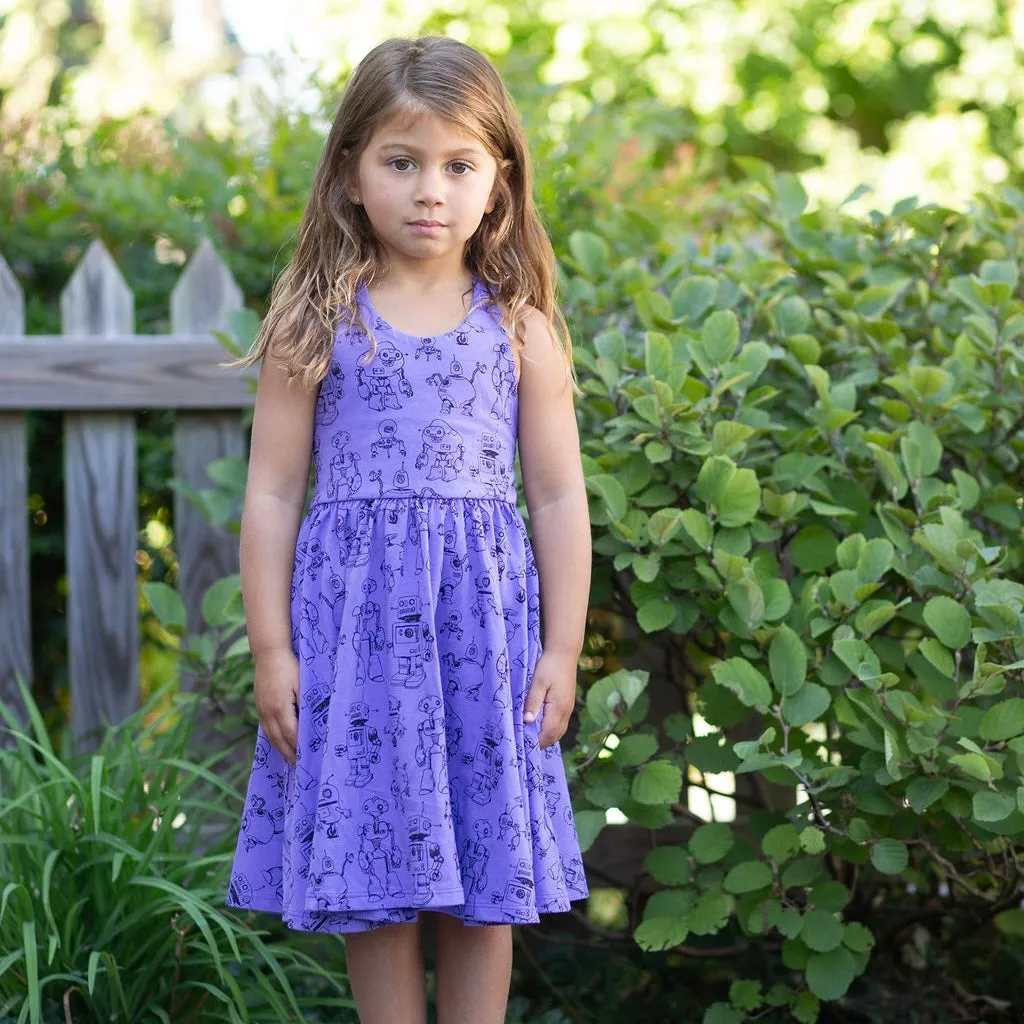 Cross Back Twirly Dress in Robots