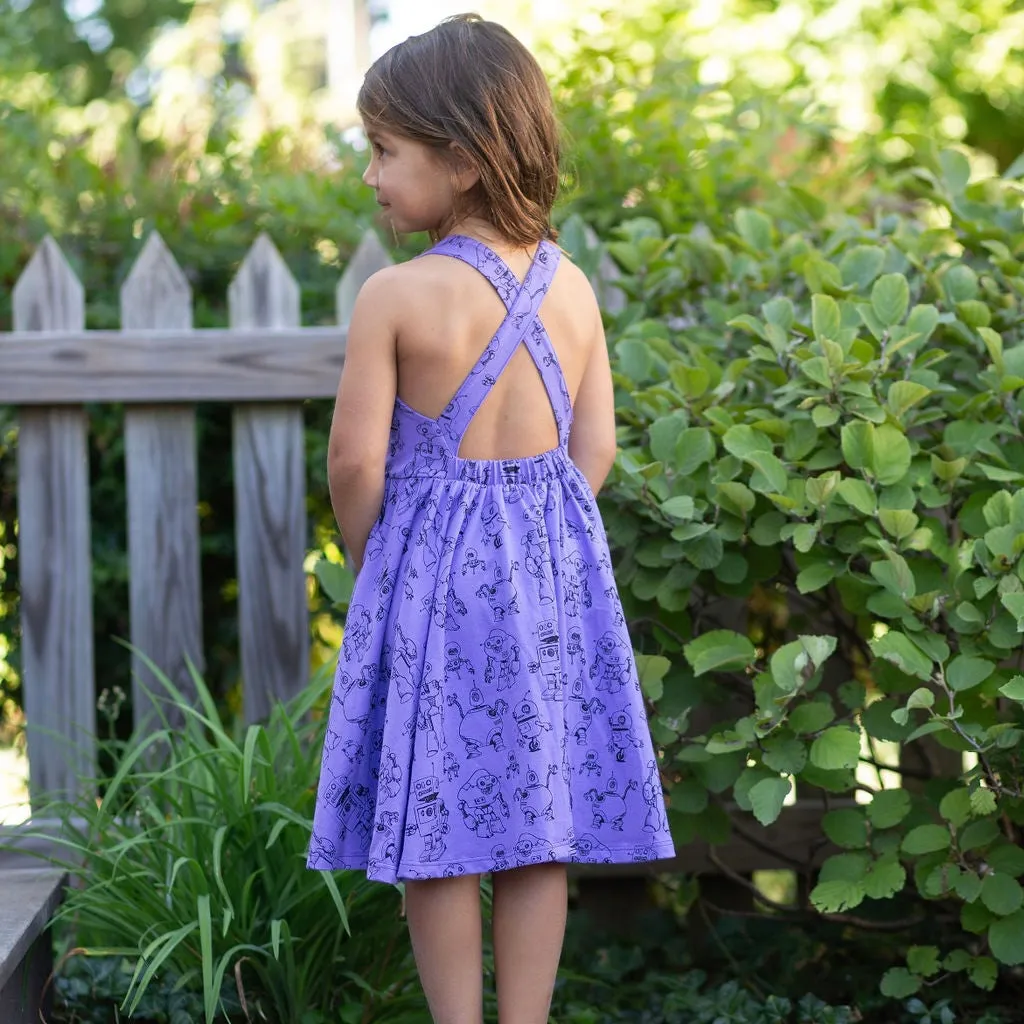 Cross Back Twirly Dress in Robots