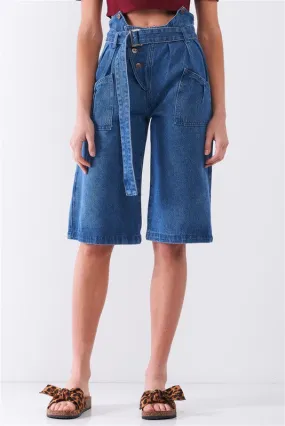 Cut-Out High-Waist Buckle Self-Tie Jeans
