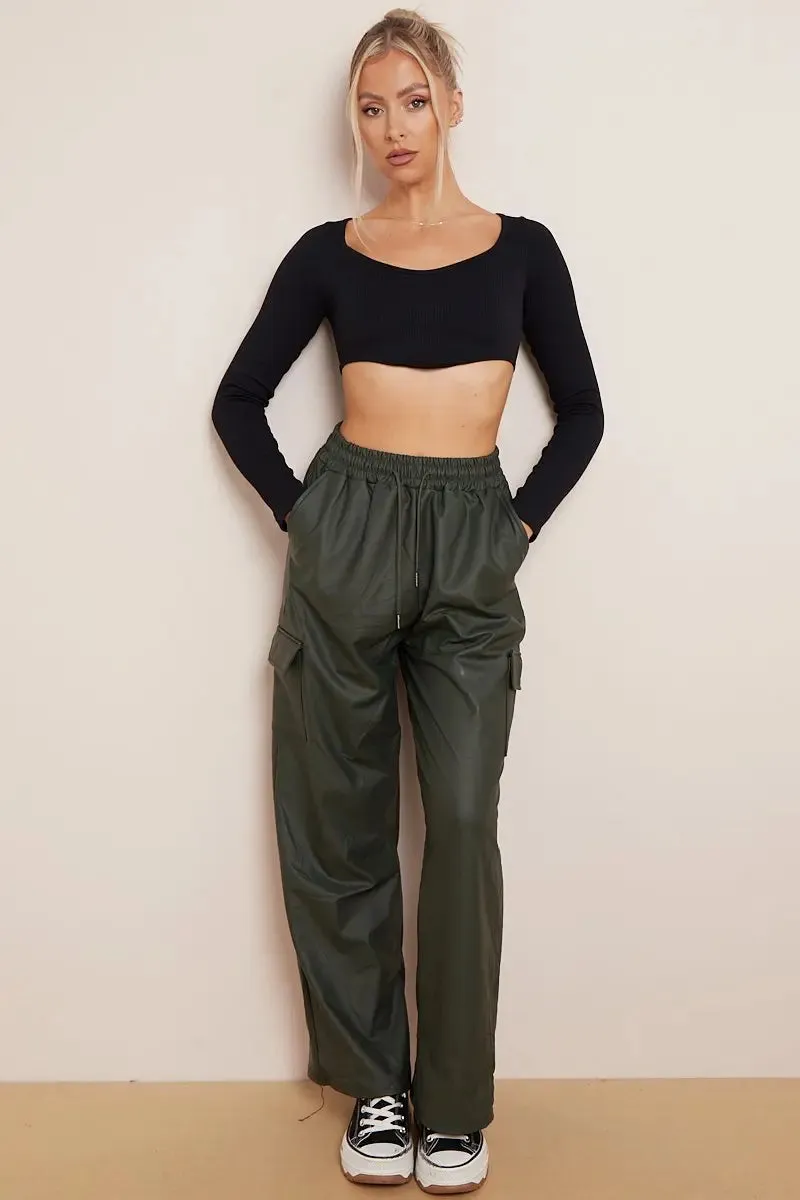 Dark Green Wide Leg Pockets PU Cargo Pants