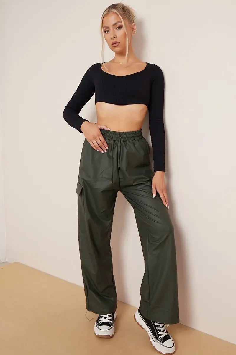 Dark Green Wide Leg Pockets PU Cargo Pants