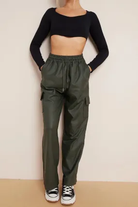 Dark Green Wide Leg Pockets PU Cargo Pants