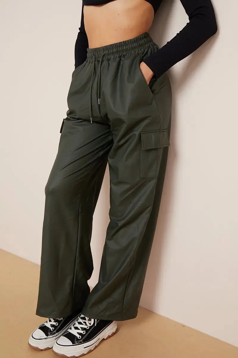 Dark Green Wide Leg Pockets PU Cargo Pants