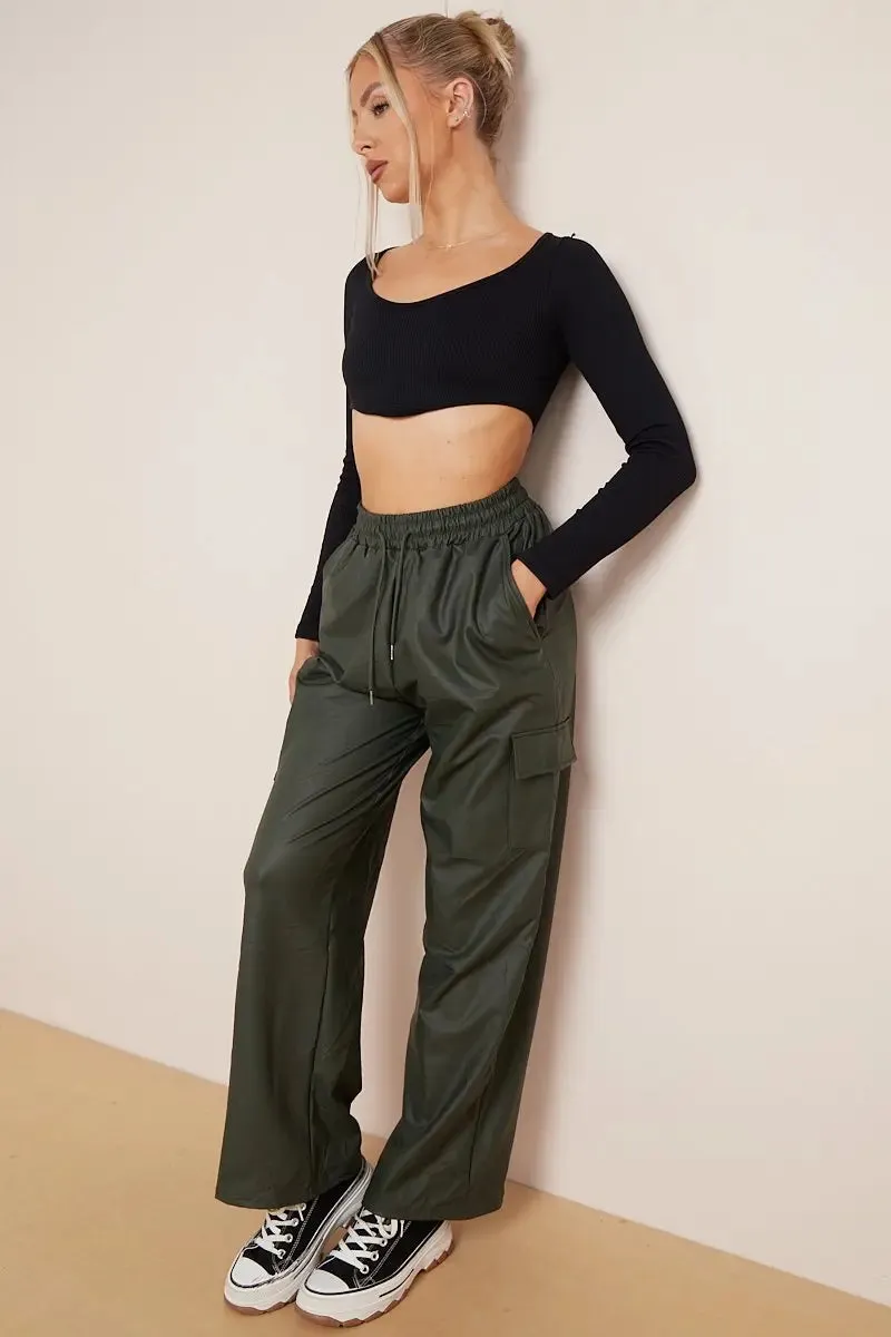 Dark Green Wide Leg Pockets PU Cargo Pants