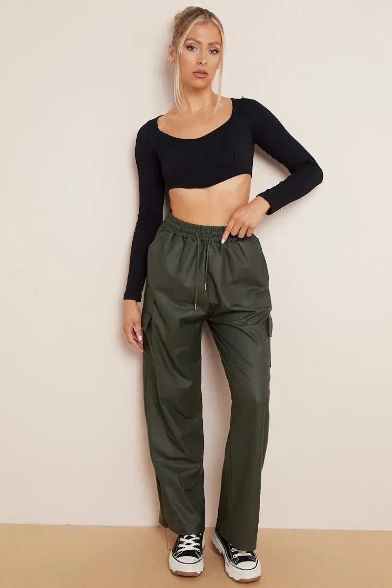 Dark Green Wide Leg Pockets PU Cargo Pants