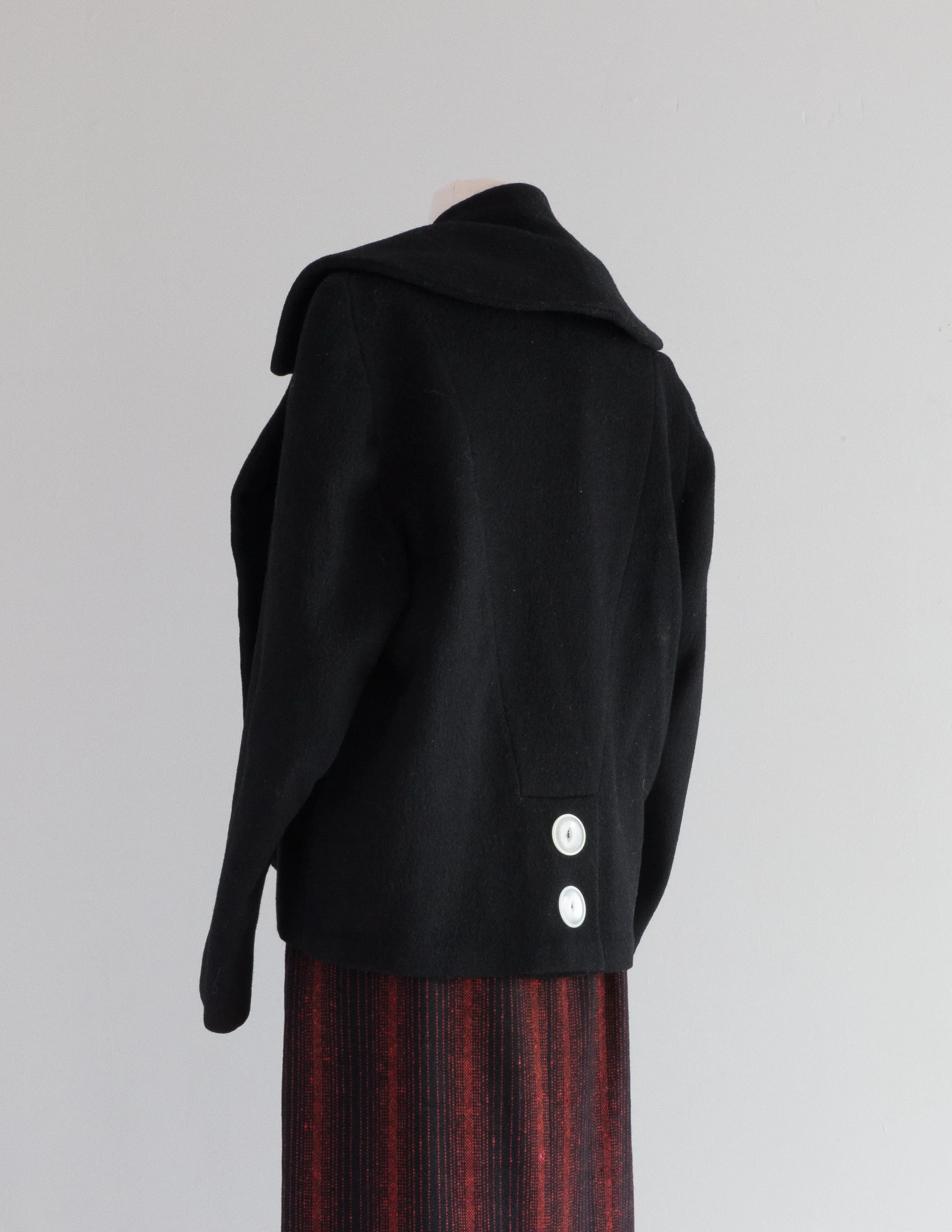 Darling 1950's Black Wool Jacket With Shawl Collar and Button Back / Medium