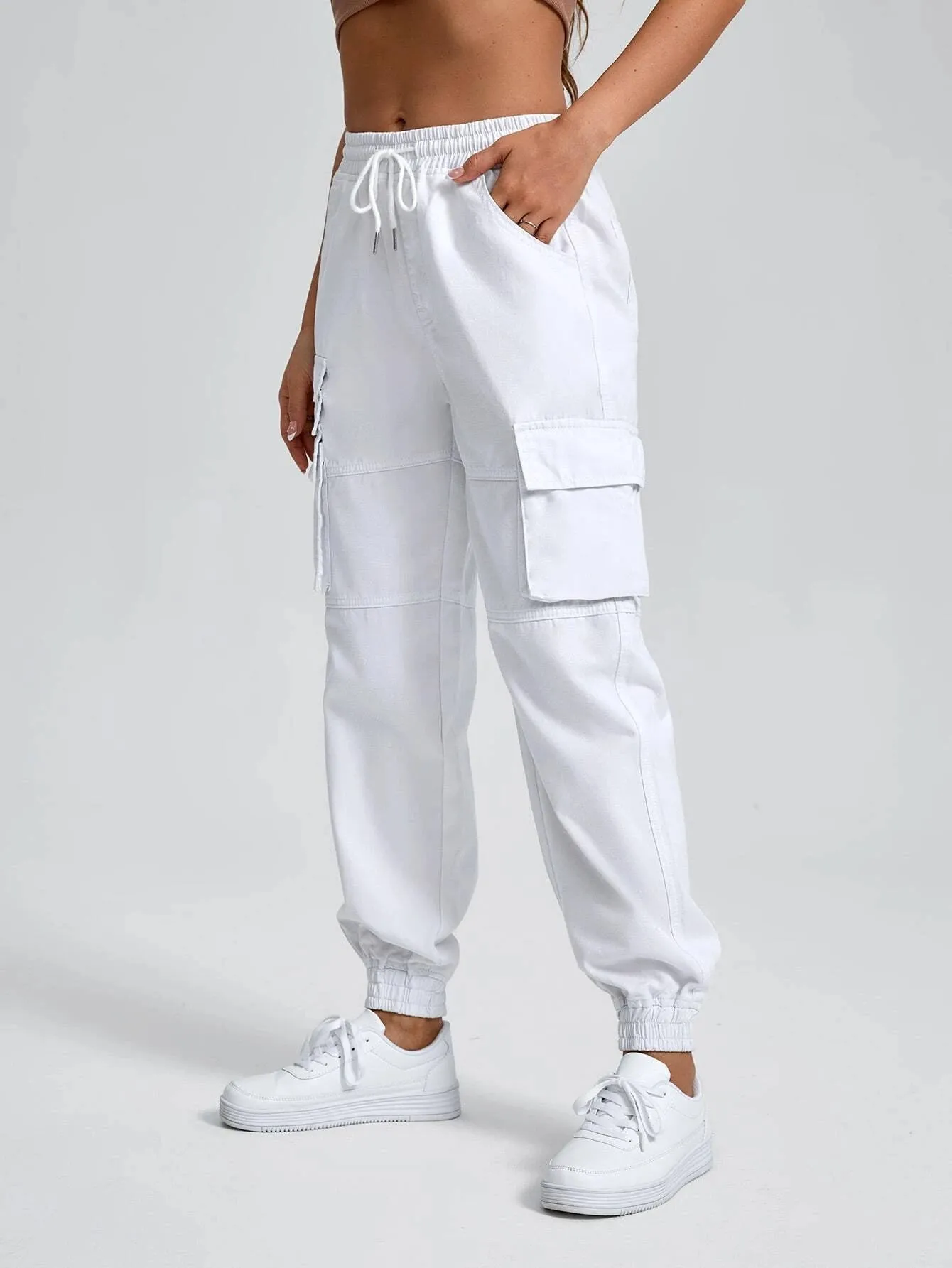 Drawstring Waist Flap Pocket Cargo Jean