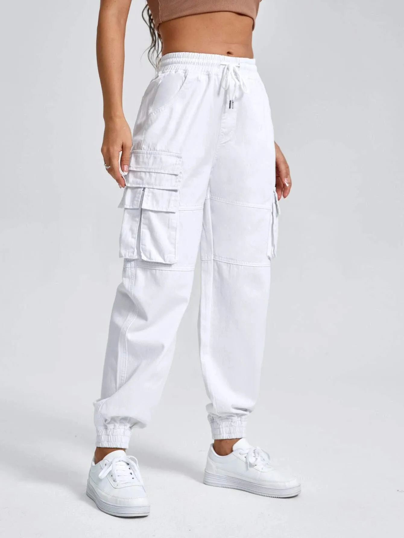 Drawstring Waist Flap Pocket Cargo Jean