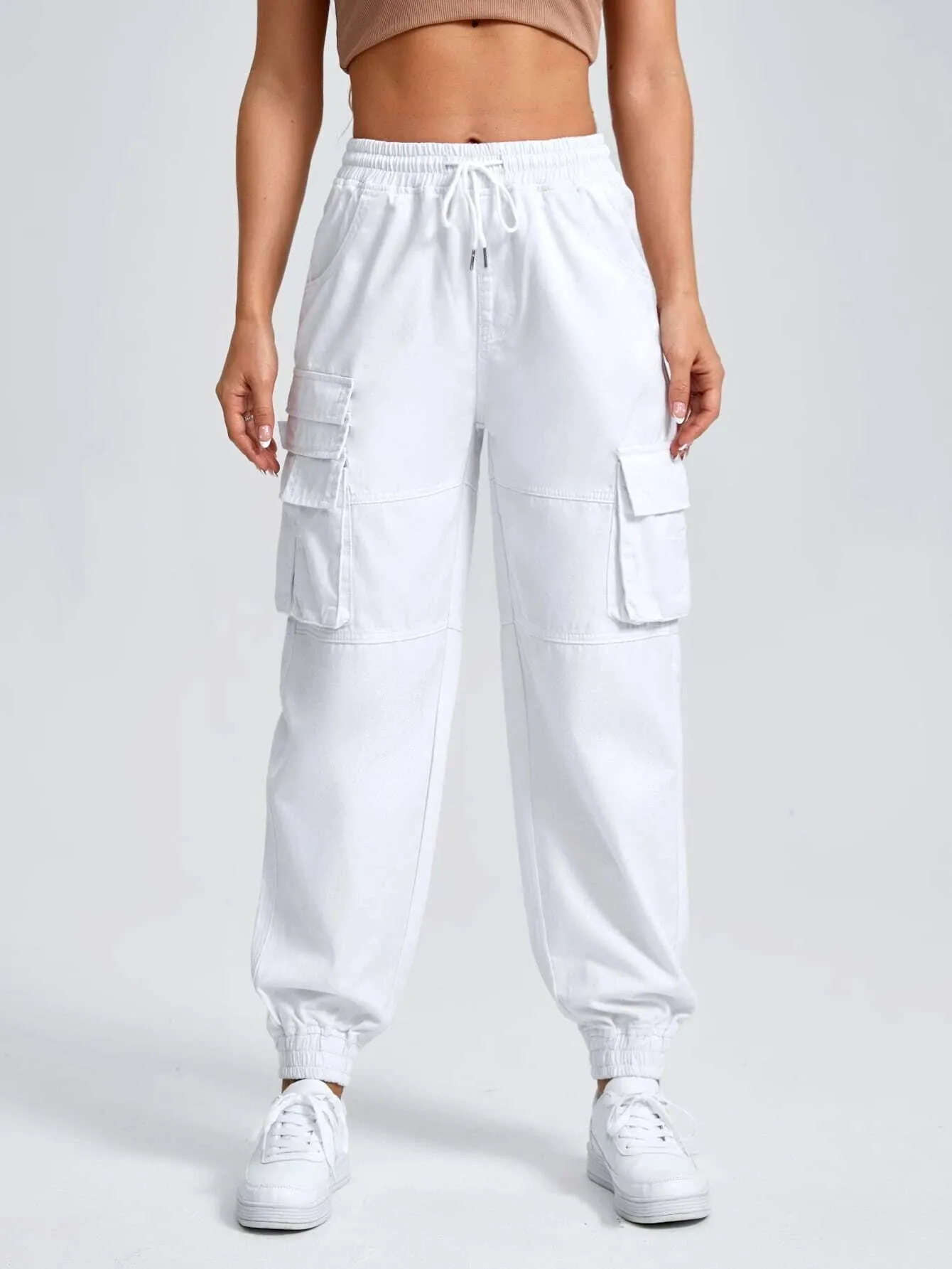 Drawstring Waist Flap Pocket Cargo Jean