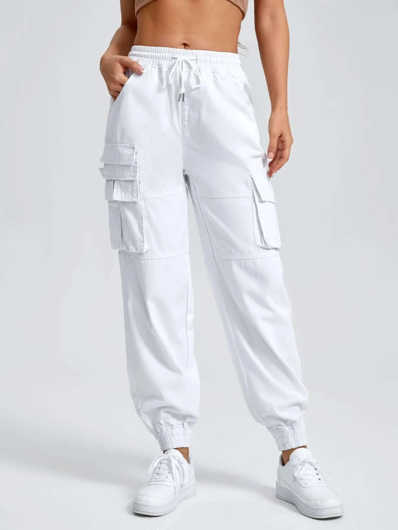 Drawstring Waist Flap Pocket Cargo Jean