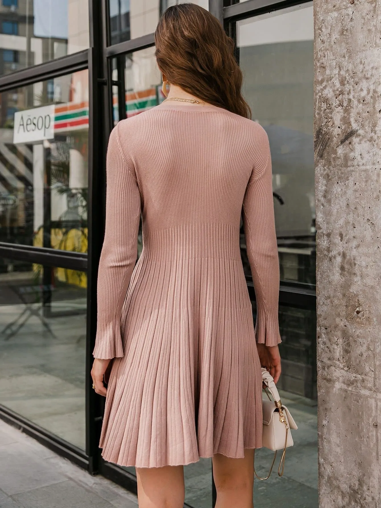 Dusty Pink Boat Neck Ribbed Knit Sweater Dress