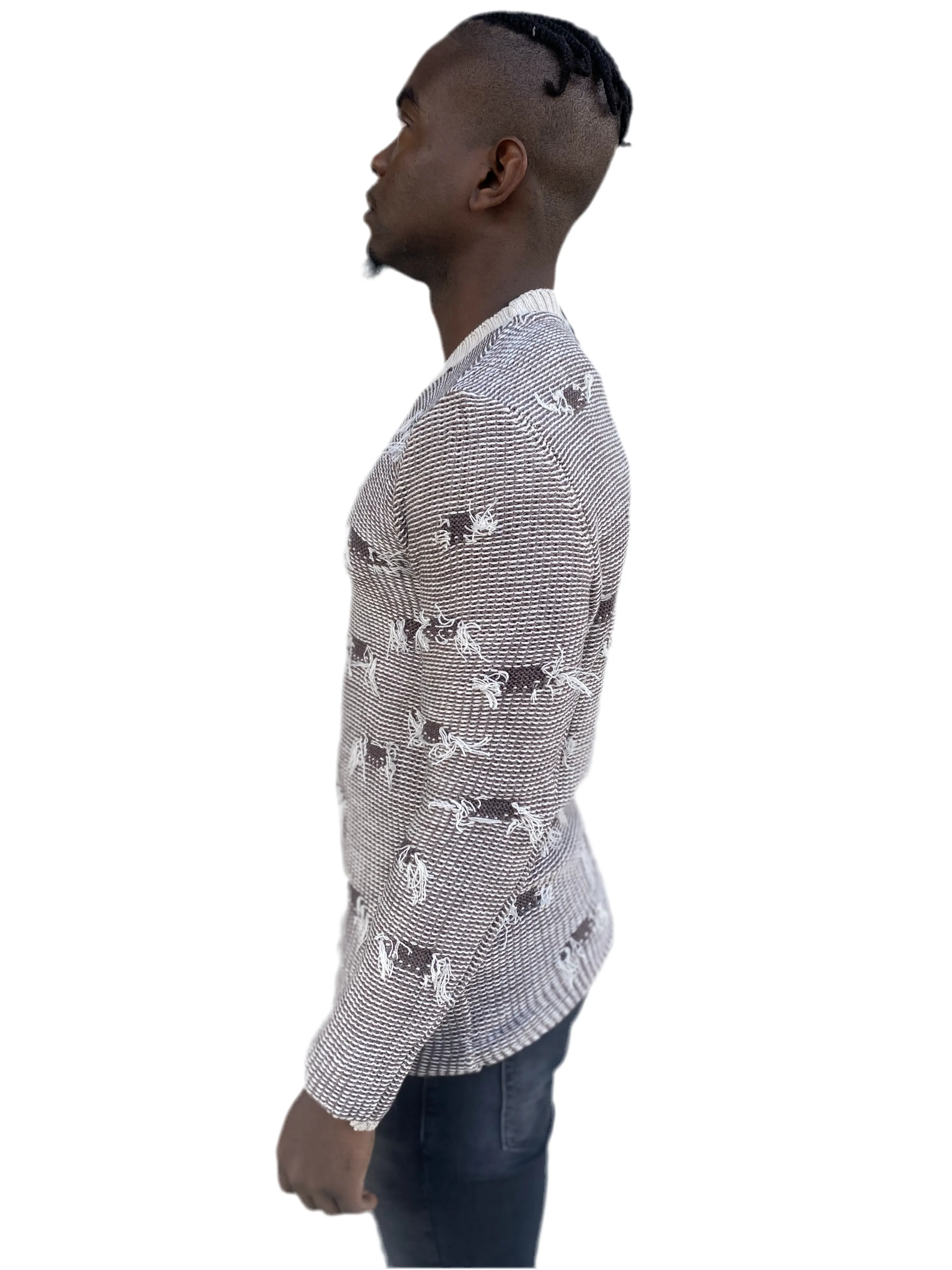 [Ervin] Coffee Distressed Look Lightweight Knitted Crew Neck
