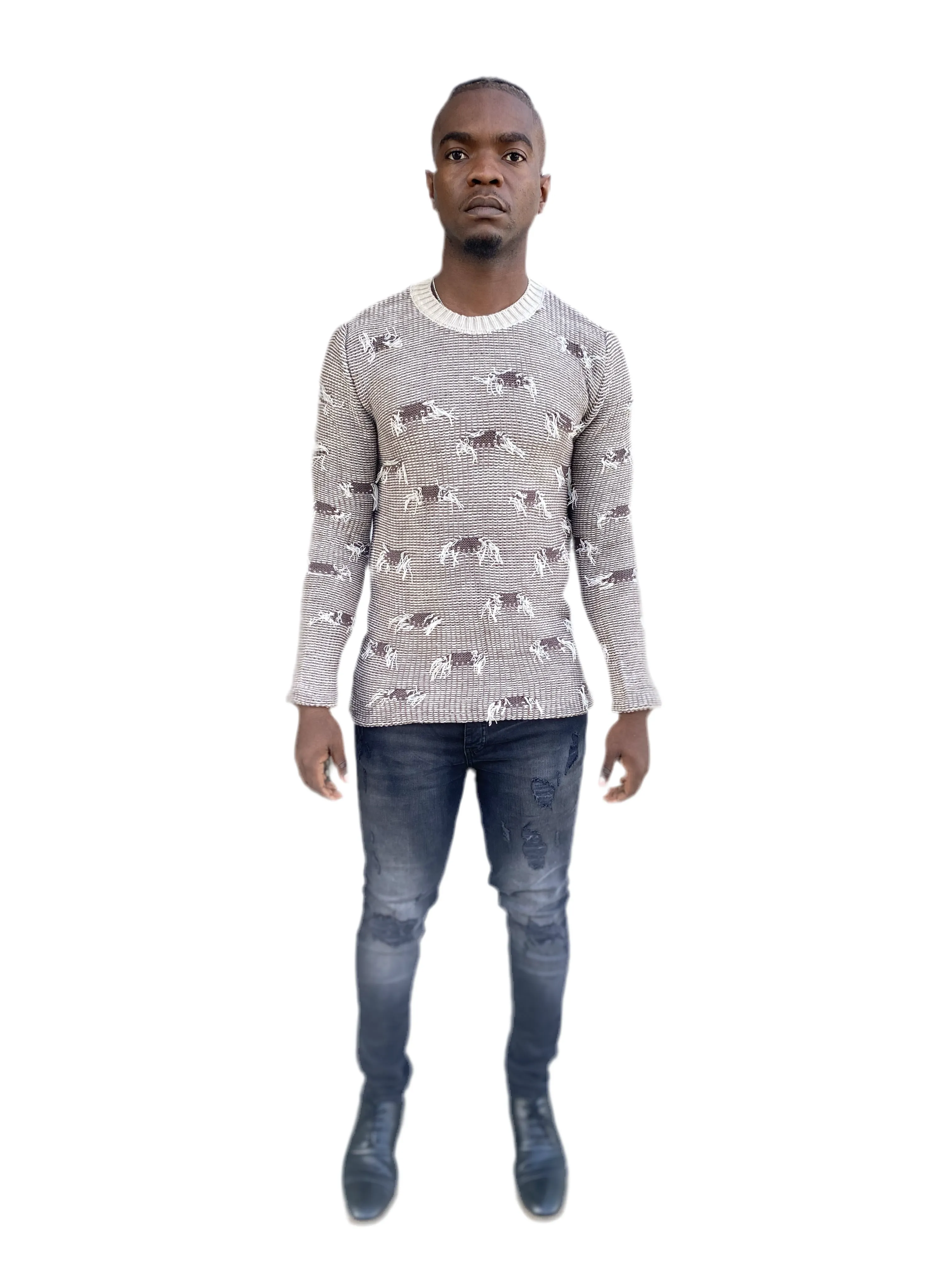 [Ervin] Coffee Distressed Look Lightweight Knitted Crew Neck