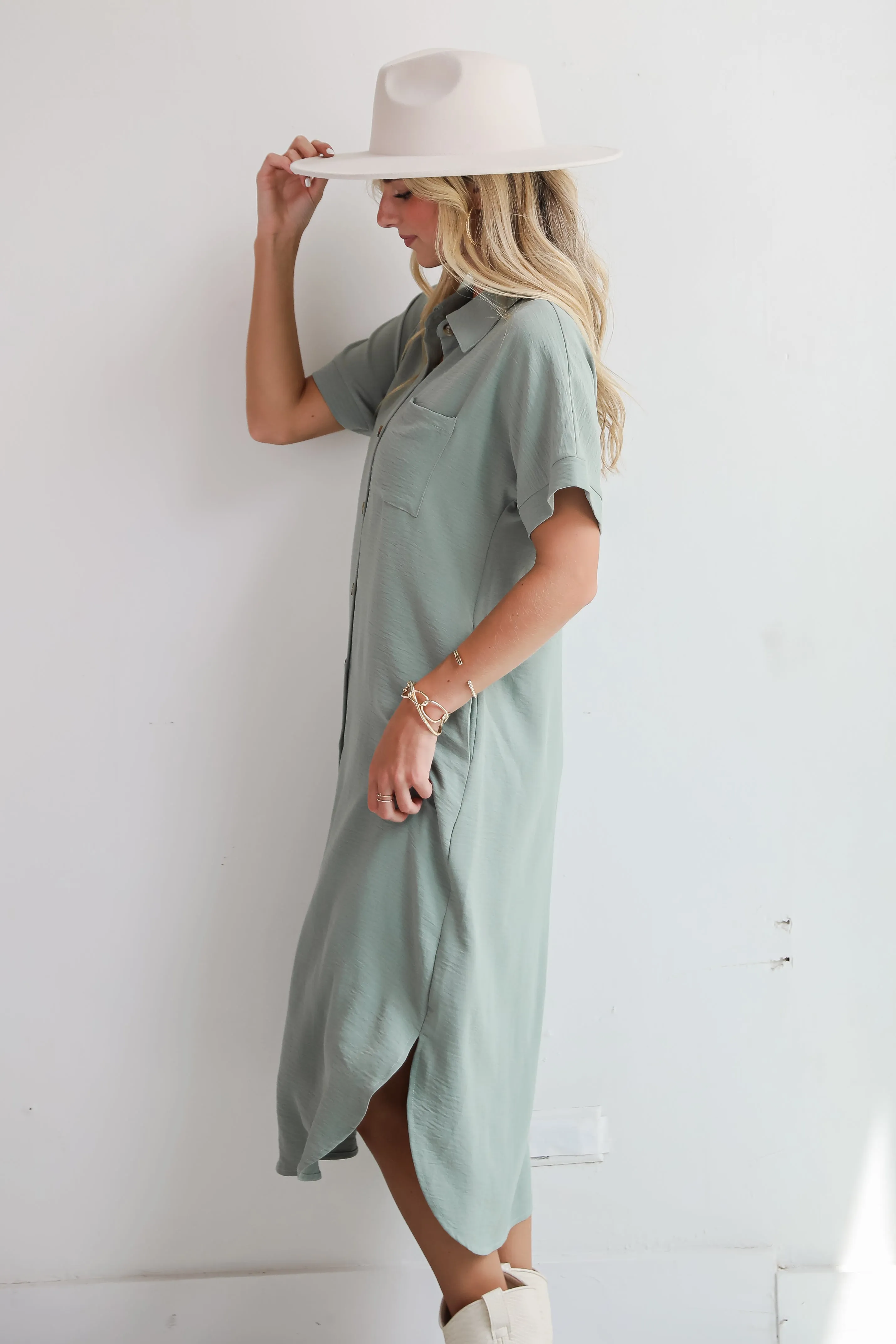 FINAL SALE - Radiant Moment Sage Button Front Midi Dress