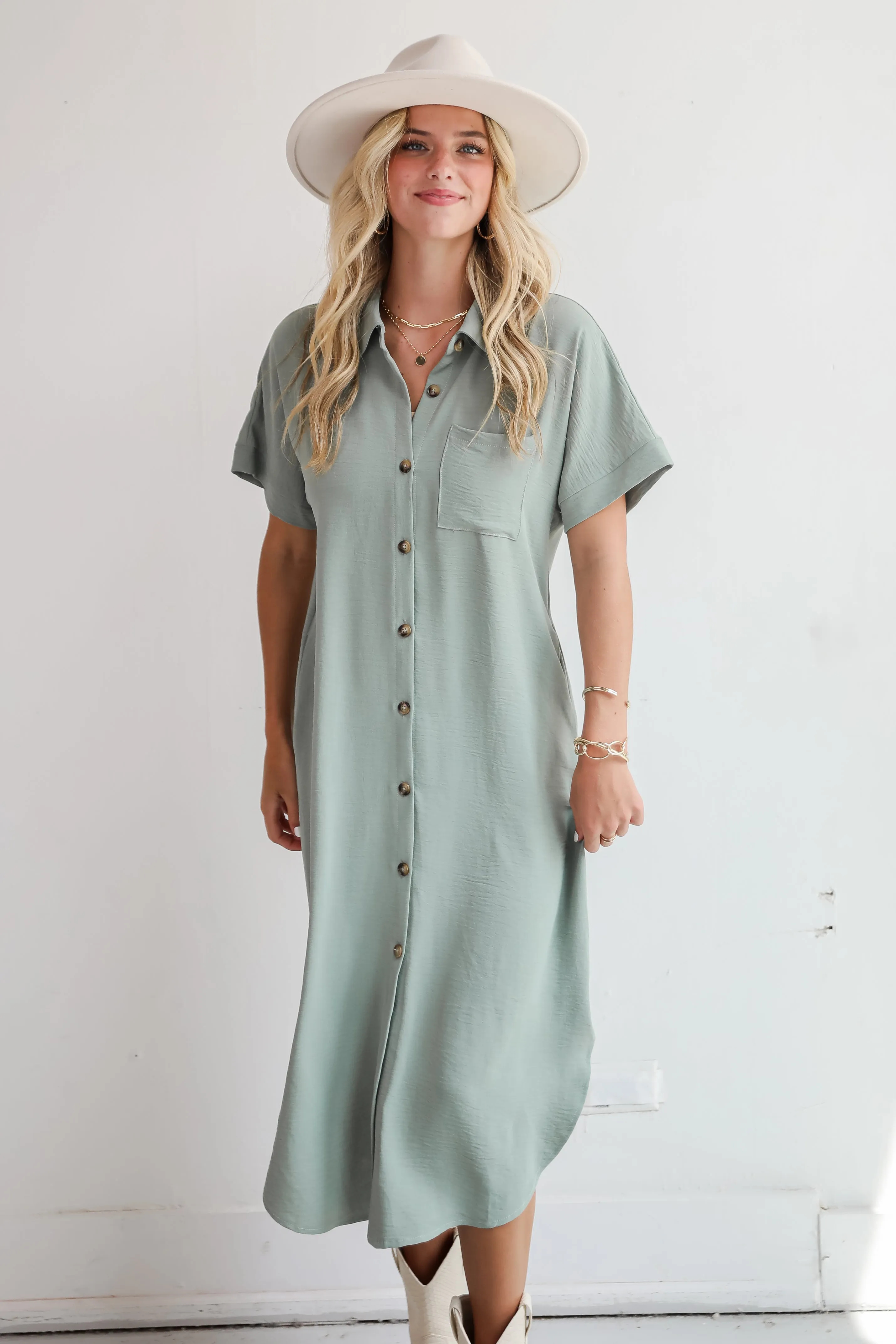 FINAL SALE - Radiant Moment Sage Button Front Midi Dress