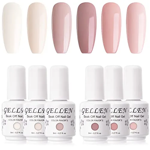 Gellen Gel Nail Polish Kit- Gentle Nudes Series Nude Neutrals 6 Colors, Warm Pastels Beige Pink Soak Off Gel Polish Set