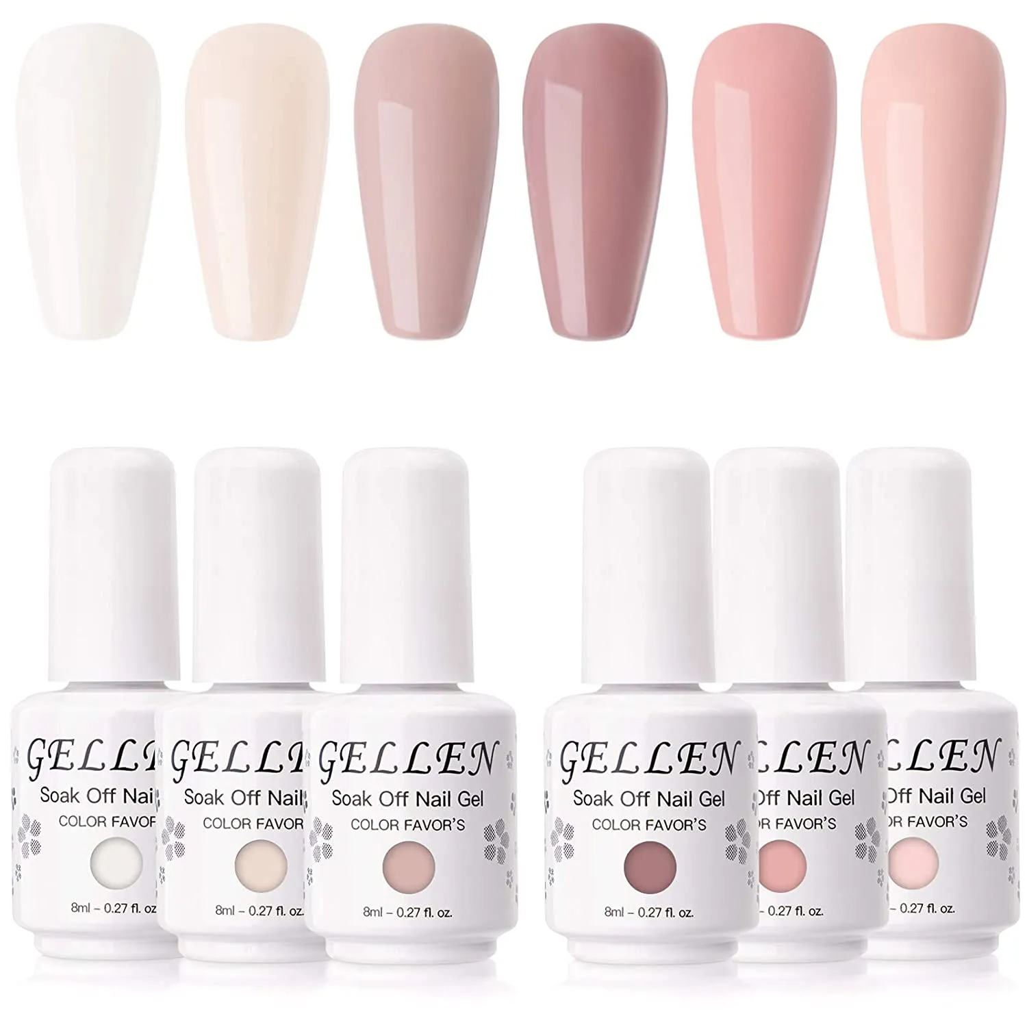Gellen Gel Nail Polish Kit- Gentle Nudes Series Nude Neutrals 6 Colors, Warm Pastels Beige Pink Soak Off Gel Polish Set