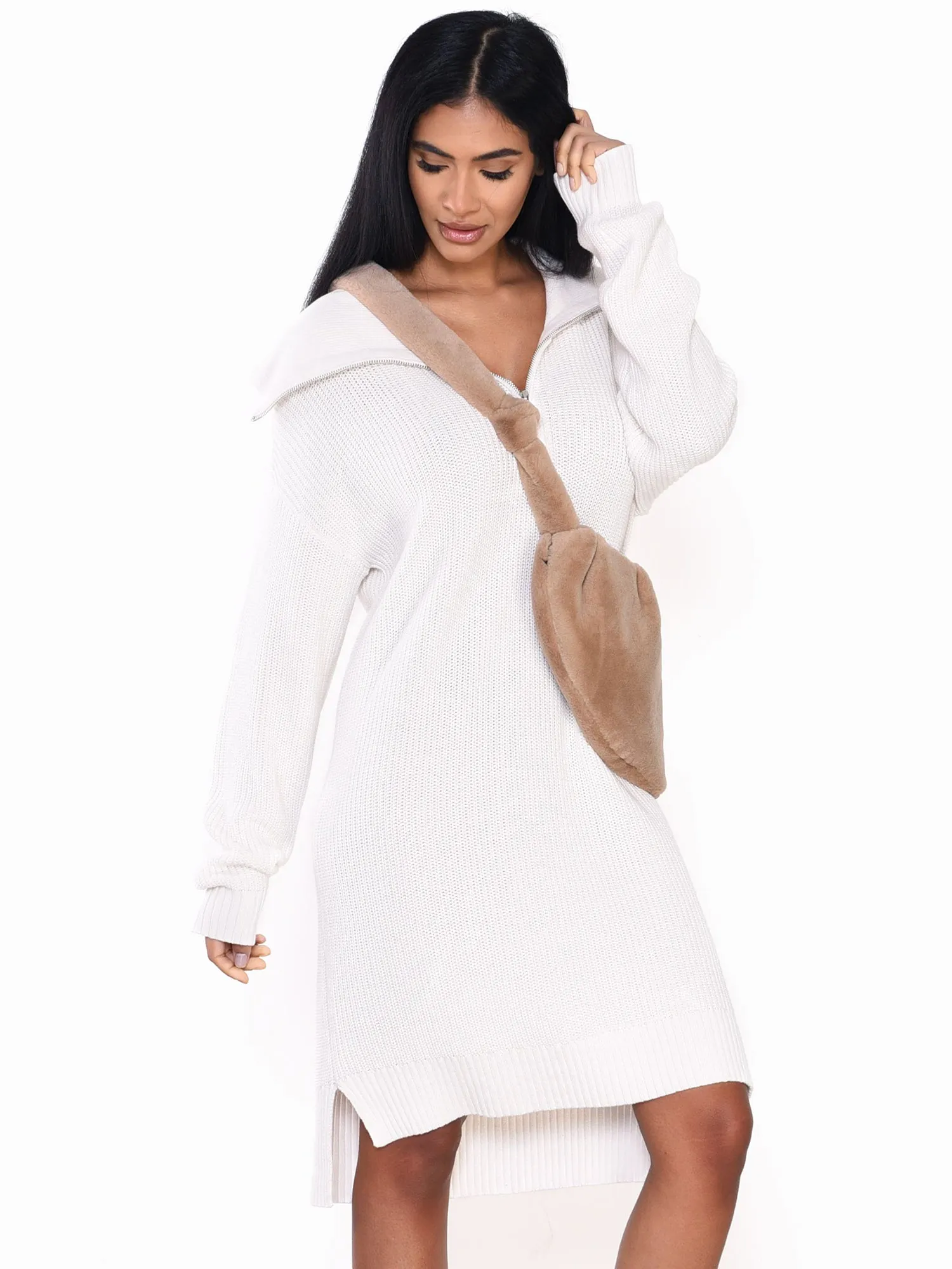 Glamorous Off White Quarter Zip Knit Midi Dress