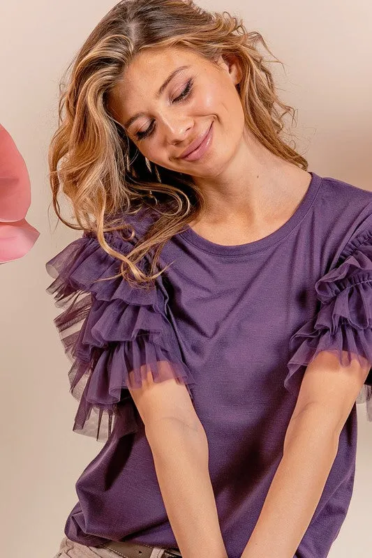 Heidi Mesh Lace Ruffled Sleeve Knit Top