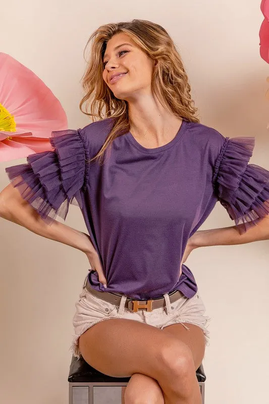 Heidi Mesh Lace Ruffled Sleeve Knit Top