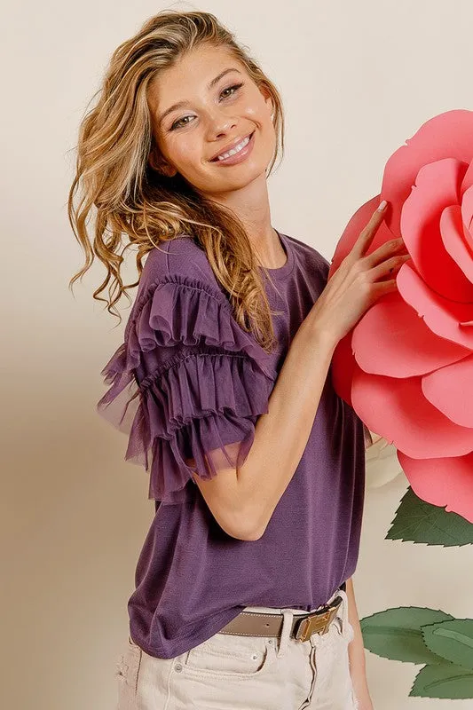 Heidi Mesh Lace Ruffled Sleeve Knit Top